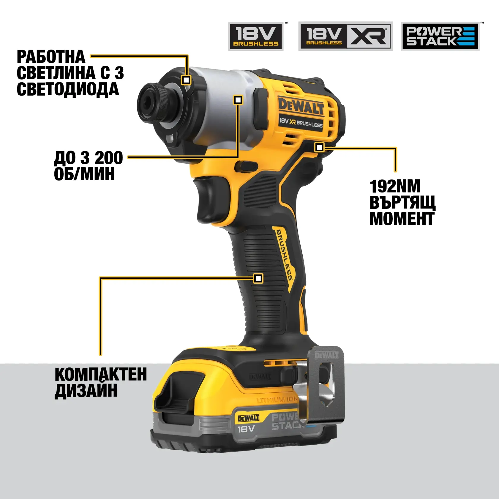 A person wearing work gloves, a safety helmet, and a high-visibility vest is using a DEWALT DCF840 cordless impact driver to drive a screw into a vertical surface on a construction site.