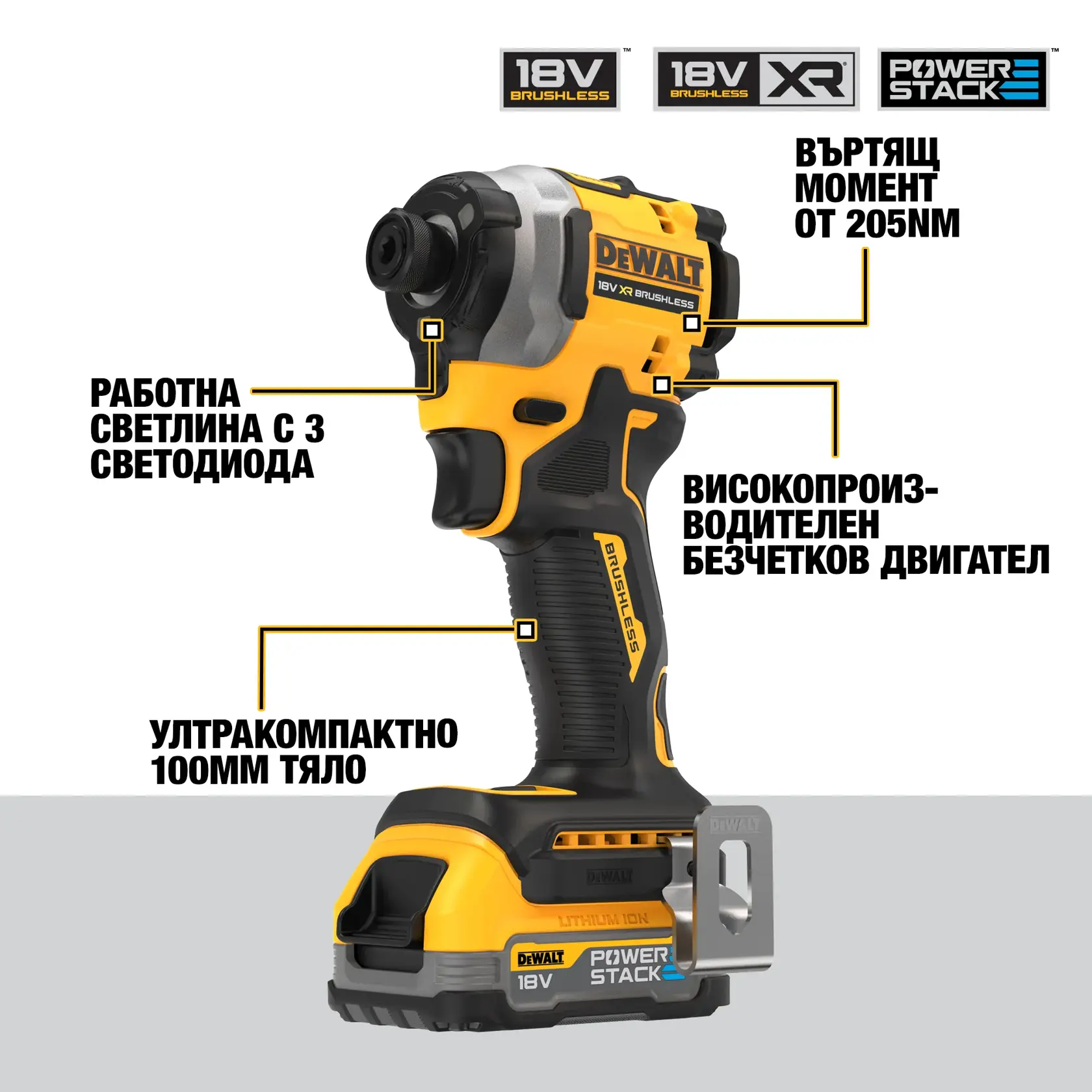 Avvitatore a impulsi DEWALT 18V XR Brushless con batteria POWERSTACK. L'immagine evidenzia le caratteristiche chiave: 205 Nm di coppia, motore brushless ad alte prestazioni, corpo ultra compatto da 100 mm e faro da lavoro a 3 LED.