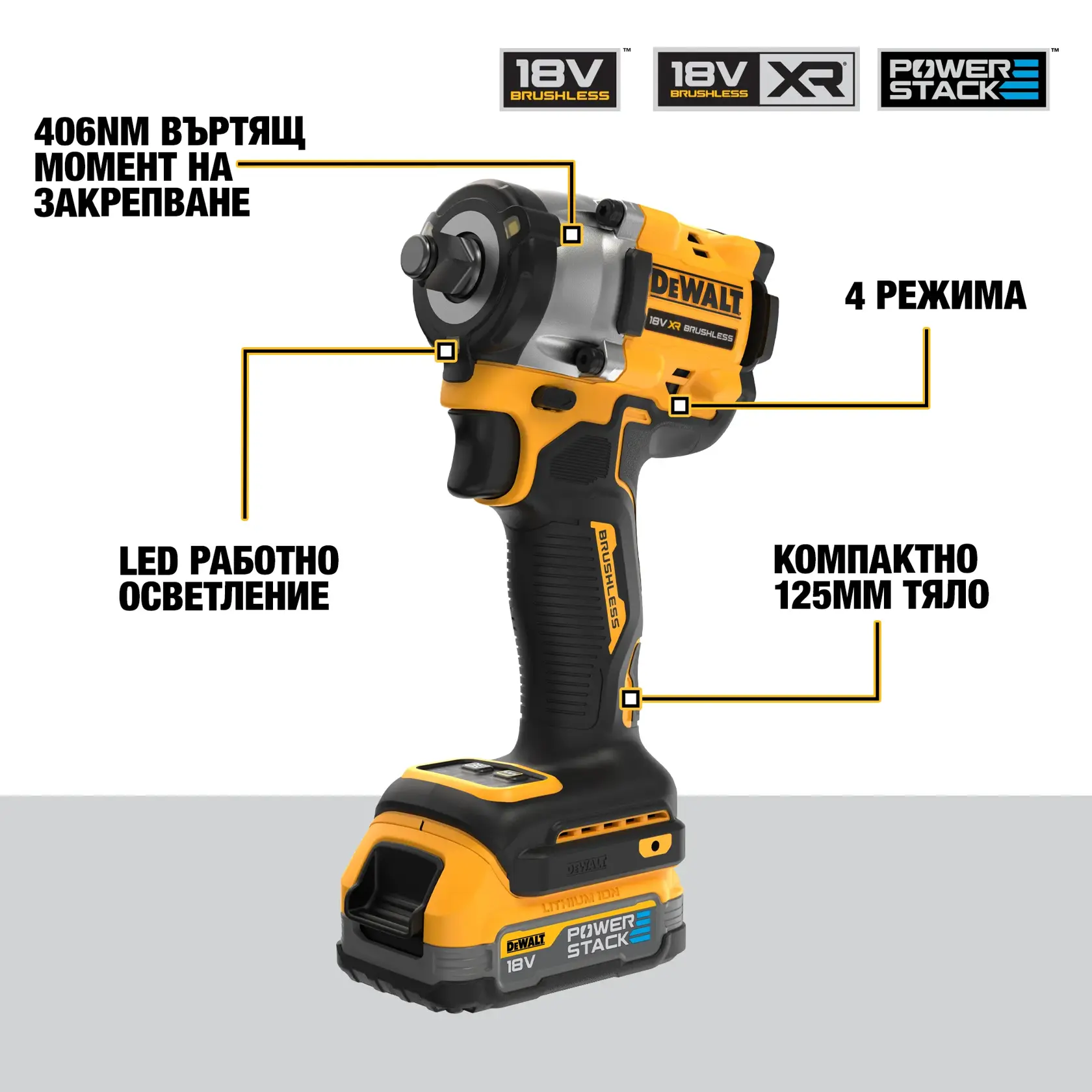 Imagen de una llave de impacto inalámbrica DEWALT de 18V, modelo DCF921E2T, con tecnología brushless XR y batería PowerStack. Se destacan un par máximo de 406 Nm, 4 modos de uso, luz de trabajo LED integrada y un cuerpo compacto de 125 mm. La herramienta es negra y amarilla, con la marca visible.