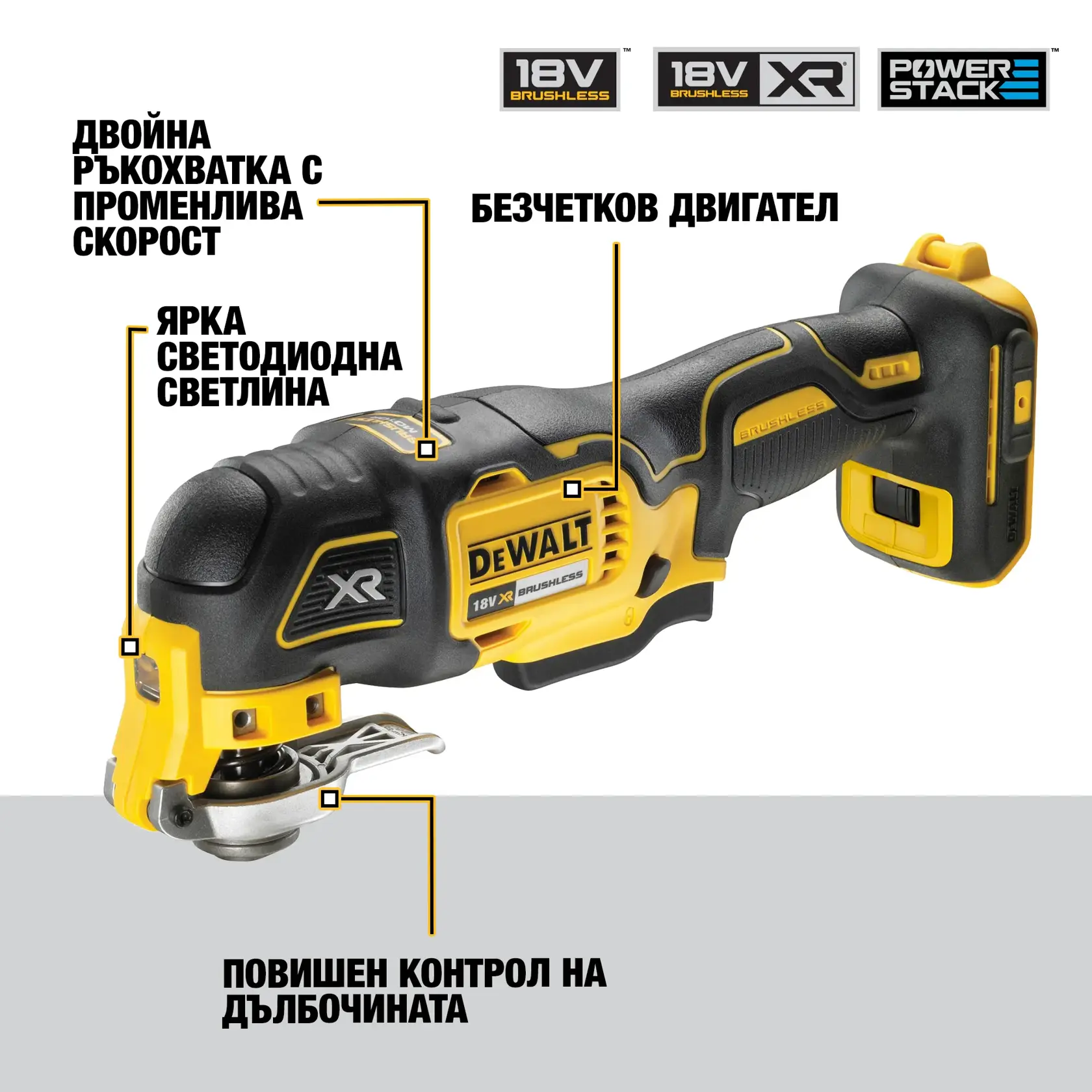 DEWALT 18V XR Brushless PowerStack oscillating tool, featuring a dual-grip variable speed trigger, bright LED lamp, brushless motor, and optimal work depth control. The product is shown with highlighted features and branding.