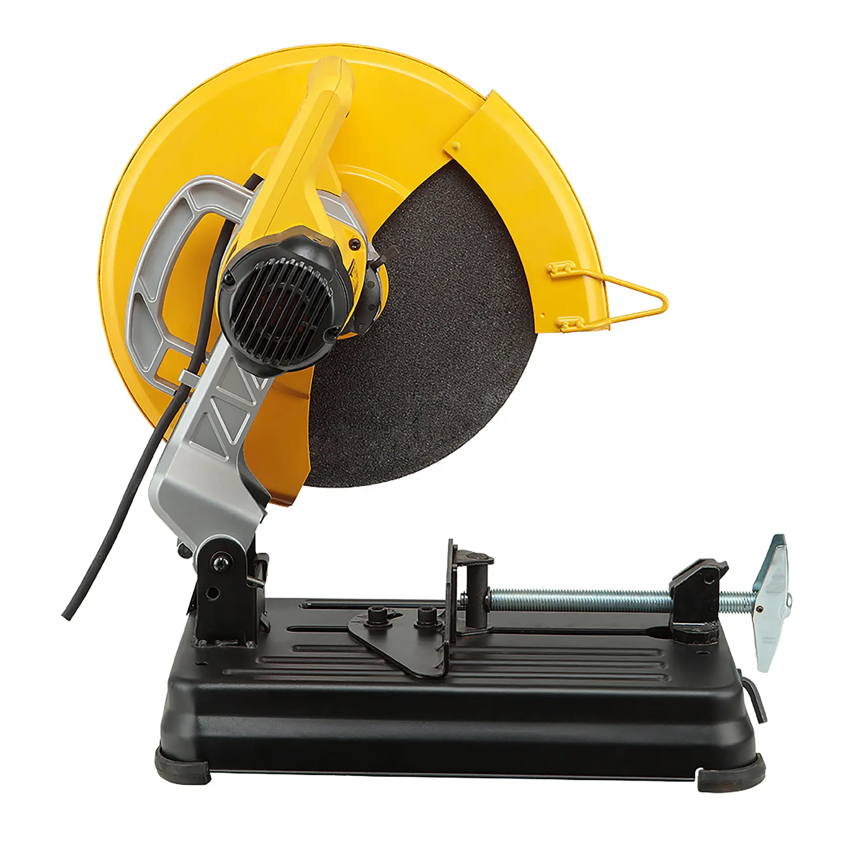 A worker wearing a yellow safety helmet and high-visibility vest is using a yellow DEWALT power saw to cut a metal pipe in an industrial warehouse. Sparks are flying from the cutting area. Metal pipes and beams are stacked in the background.