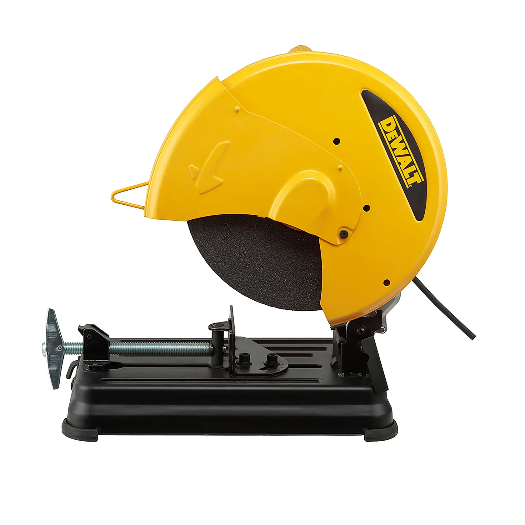 A worker wearing a safety vest and helmet uses a DEWALT D28730 power tool to cut metal, creating sparks in an industrial setting with stacked metal beams.