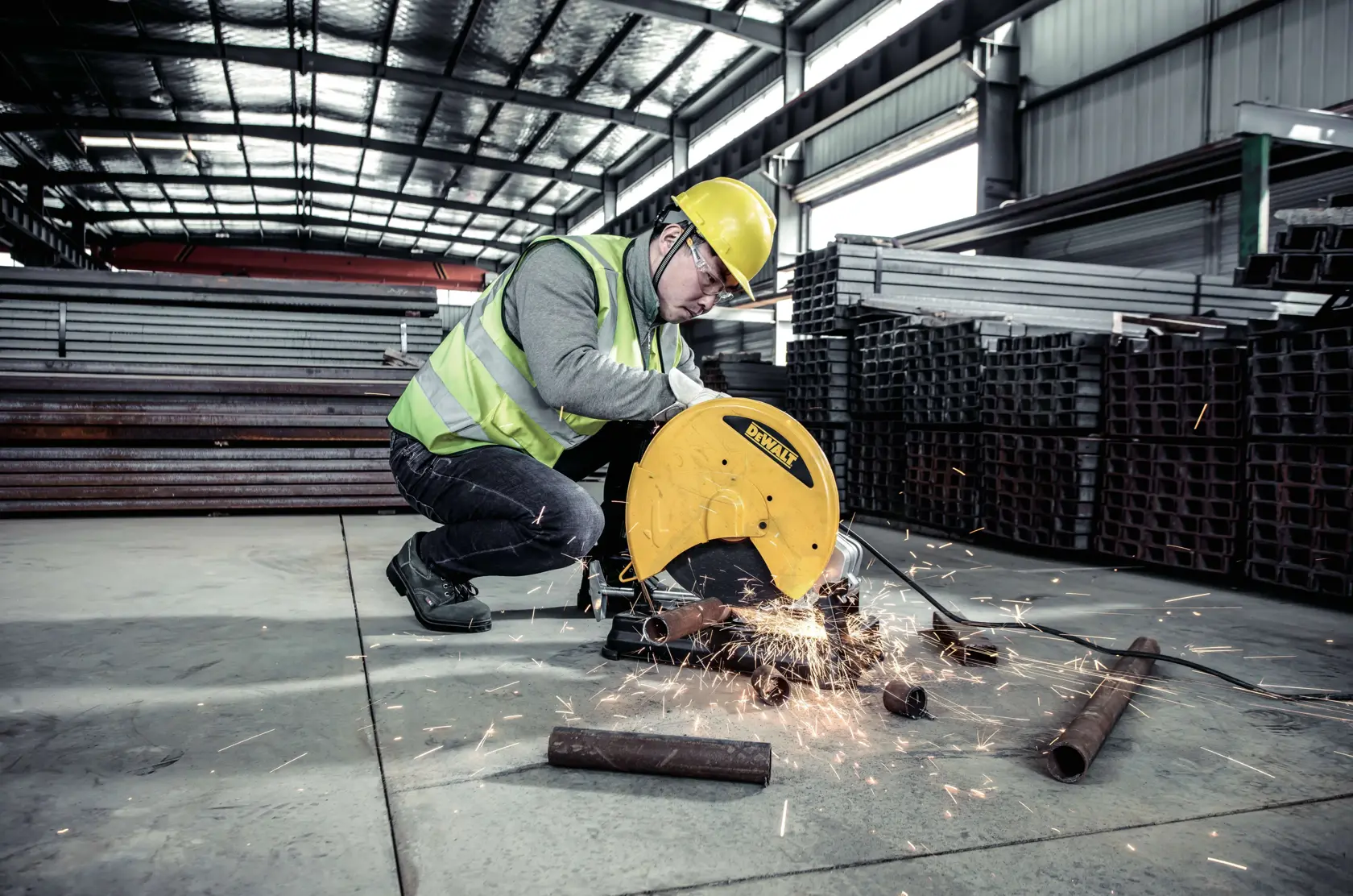 A worker in a yellow hard hat and reflective vest is using a yellow DeWALT metal cutting saw to cut metal rods in an industrial warehouse filled with stacks of steel materials. Sparks are flying from the cutting area.