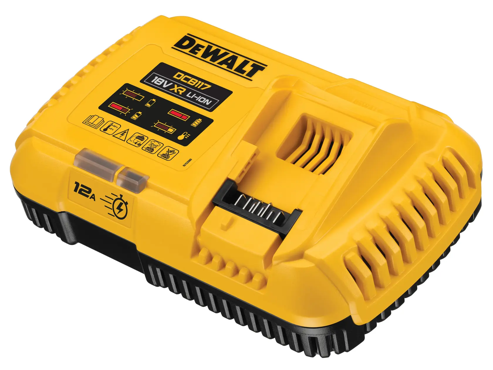 A yellow DEWALT DCB117 battery charger for 18V XR Li-Ion batteries, featuring indicator lights and a black base.