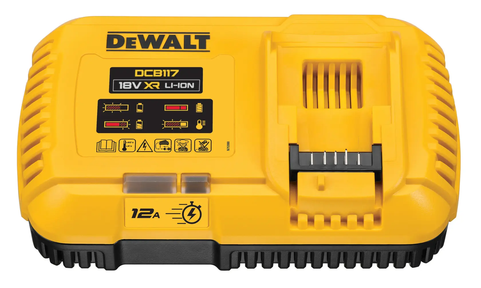 Ein gelbes DEWALT DCB117 18V XR Li-Ion Akku-Ladegerät mit schwarzen Akzenten und detaillierten Anweisungen auf der Oberseite.