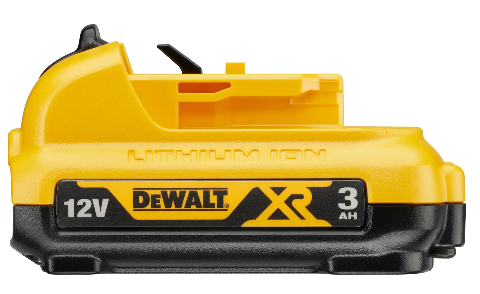 Batería DEWALT 12V XR 3Ah de ion-litio, amarilla y negra, vista frontal cercana.