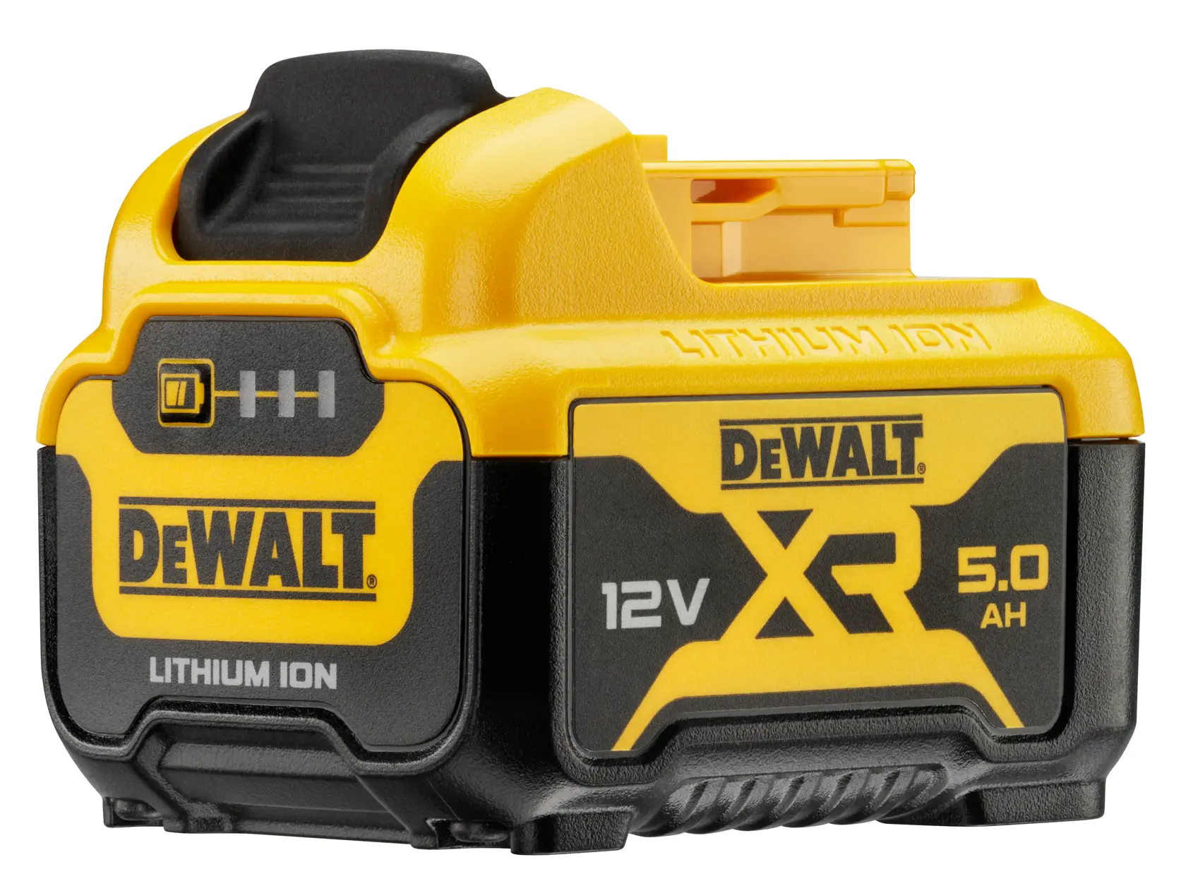 DeWalt 12V XR lithium-ion battery, 5.0Ah capacity, yellow and black, compact design for cordless tools.