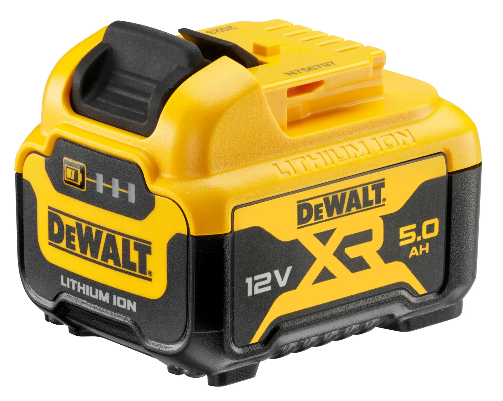Batteria DEWALT XR al litio 12V, 5,0 Ah, gialla e nera, per utensili elettrici.