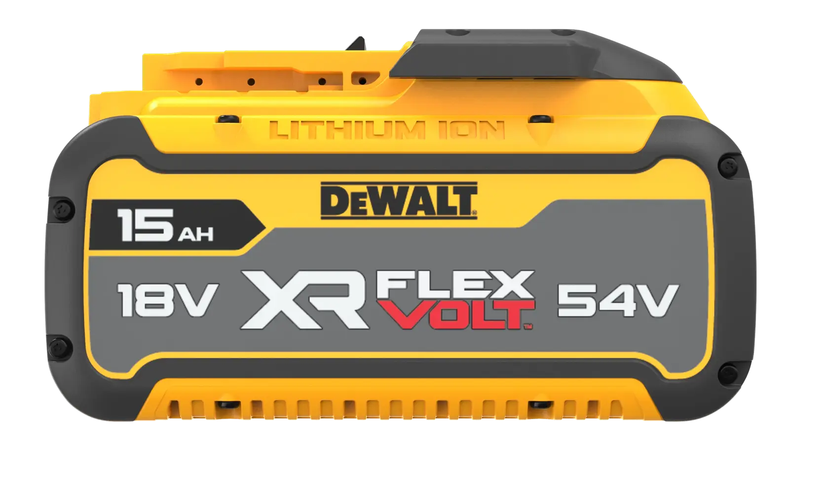 DEWALT XR FLEXVOLT lithium-ion battery, 15Ah, 18V/54V. Yellow and grey with product branding.