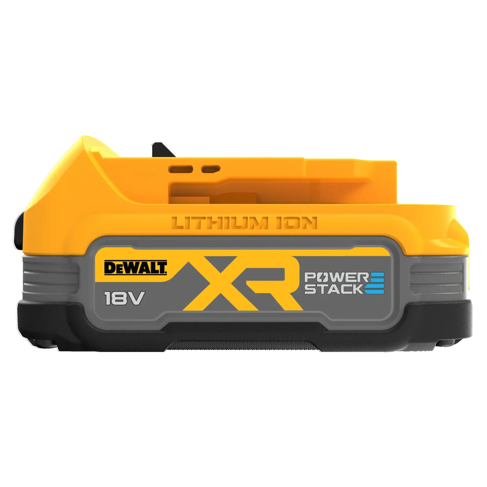 DEWALT 18V XR Powerstack lithium-ion battery, yellow and black, side view with brand and model label.