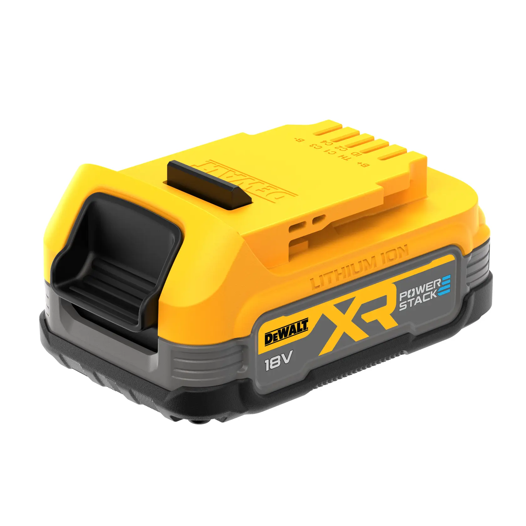 DEWALT XR POWERSTACK 18V lithium-ion battery in yellow and black, compact design.