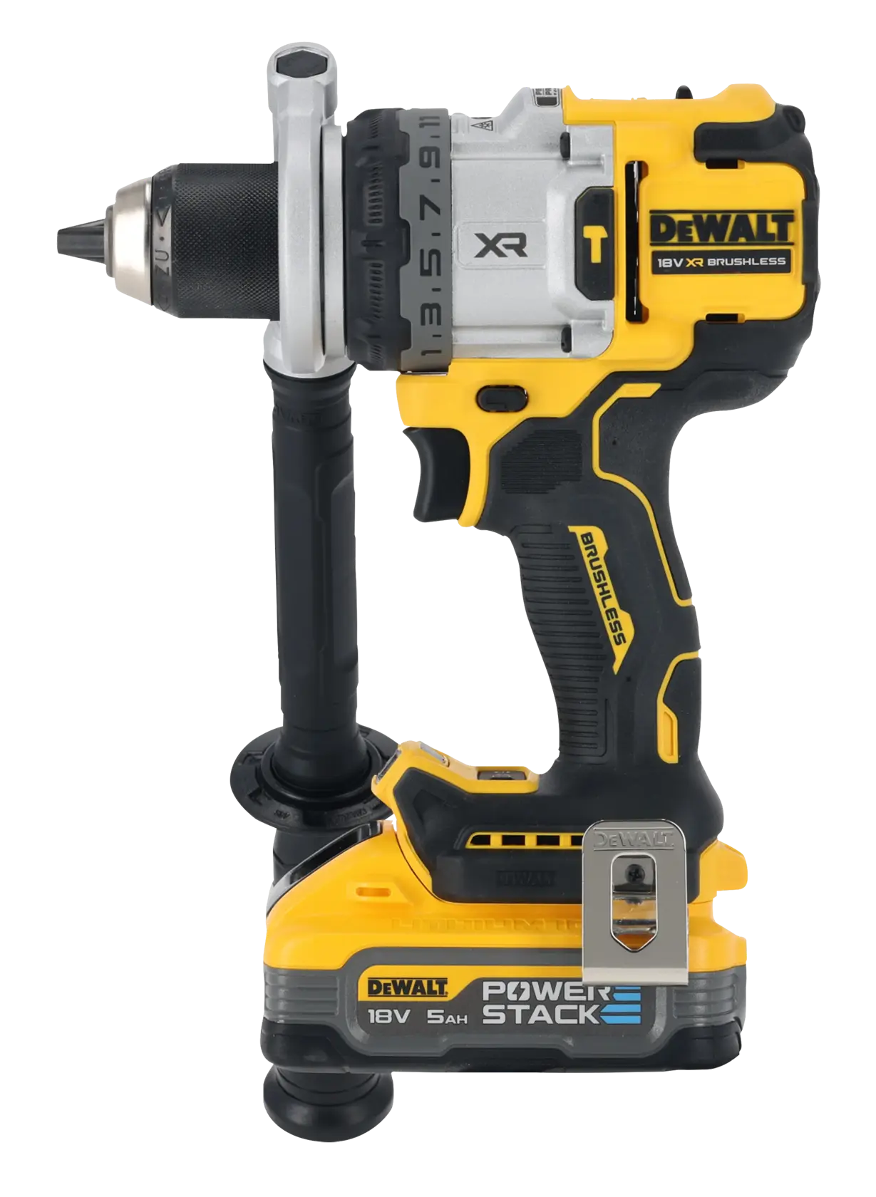 Taladro inalámbrico DEWALT 18V brushless con mango lateral y batería PowerStack, en posición vertical.