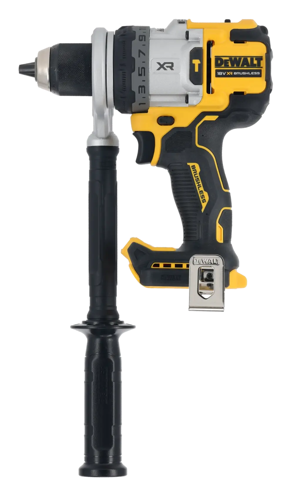 Taladro DEWALT con mango lateral, SKUs DCD1007NT, DCZ607X2-XE. Imagen de producto.