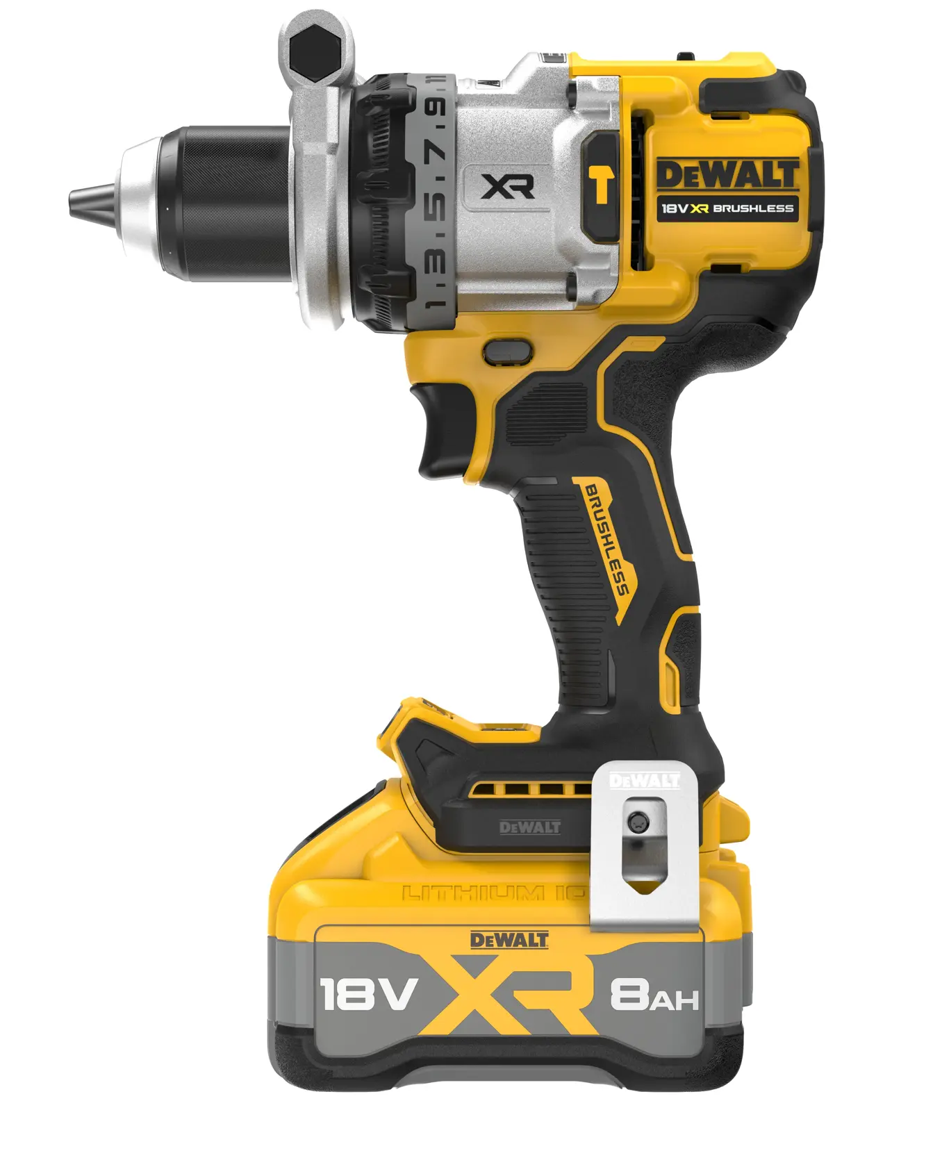 Taladro DEWALT 18V XR sin cable, motor brushless y batería de 8Ah. Diseño amarillo, negro y plateado.