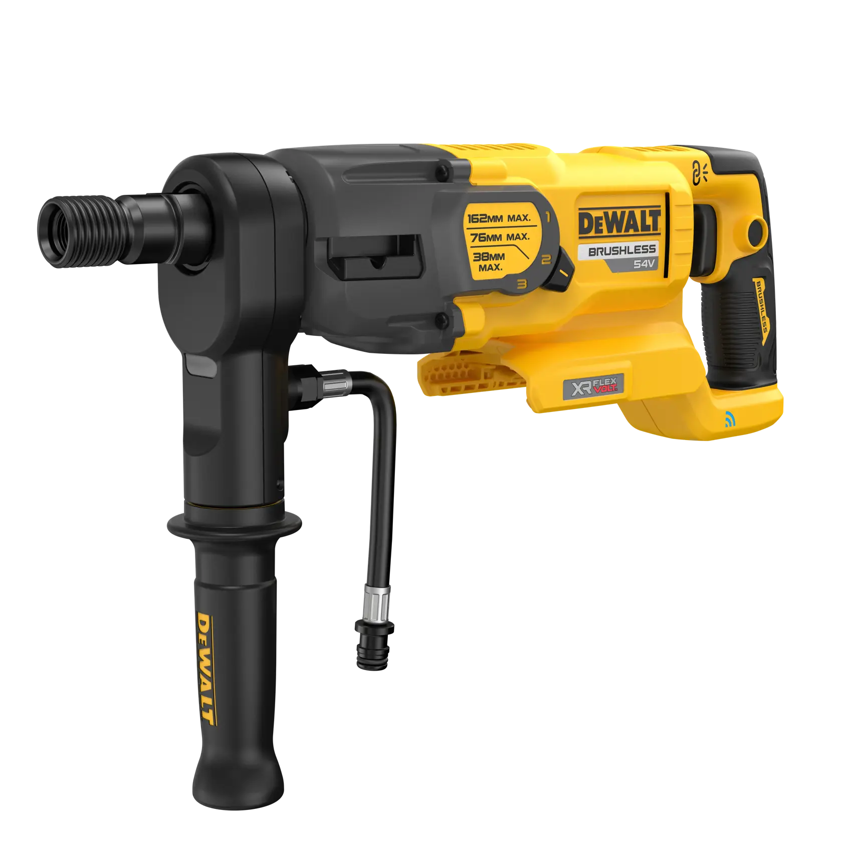 DEWALT DCD150NK brushless drill with handle and connector, shown in yellow and black.