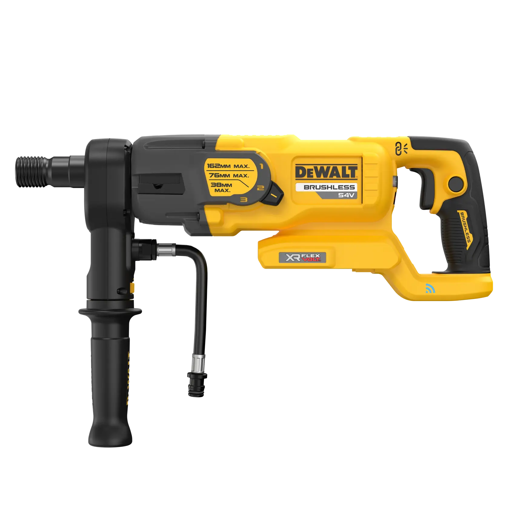 DEWALT DCD150NK 54V cordless drill with side handle, yellow and black, shown from the side.