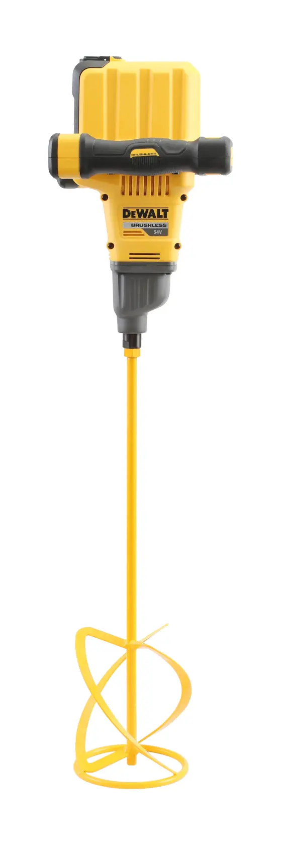 DEWALT cordless mixer with yellow shaft and spiral mixing attachment on a white background.