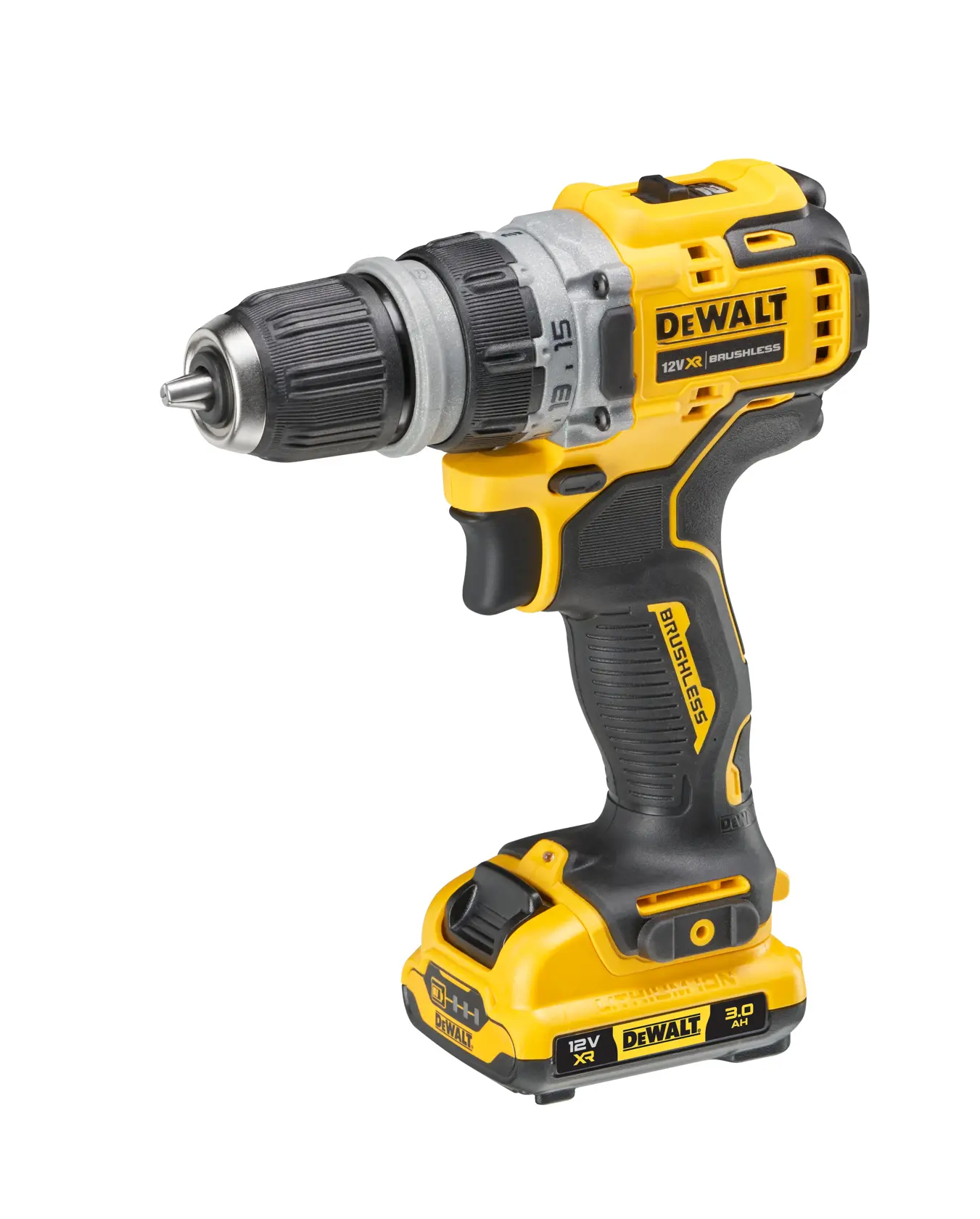 Cordless DEWALT drill with brushless motor, yellow and black, 12V battery, standing on white background.