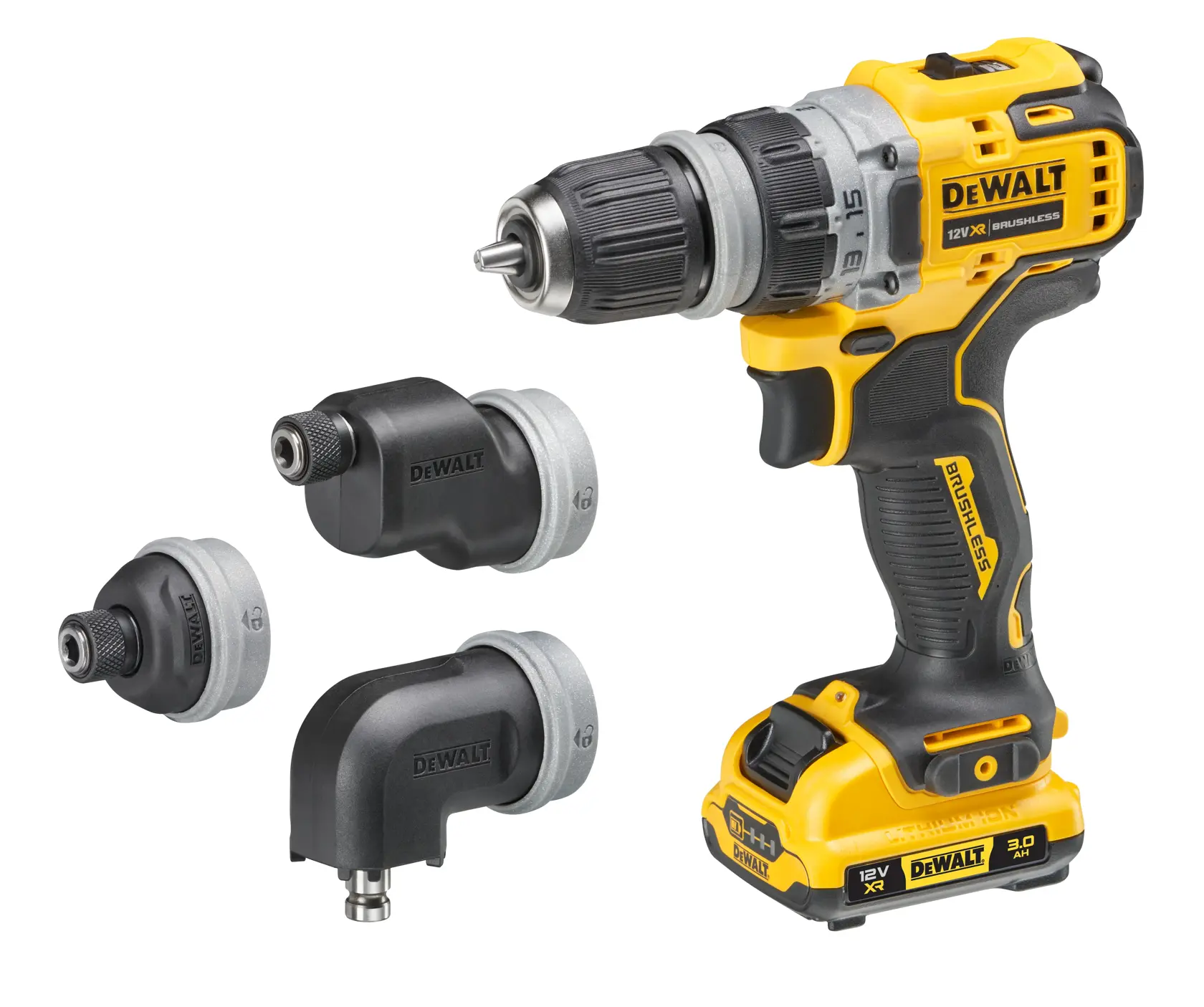 DEWALT cordless drill with three interchangeable attachments, model DCD703L2T, shown against a white background.