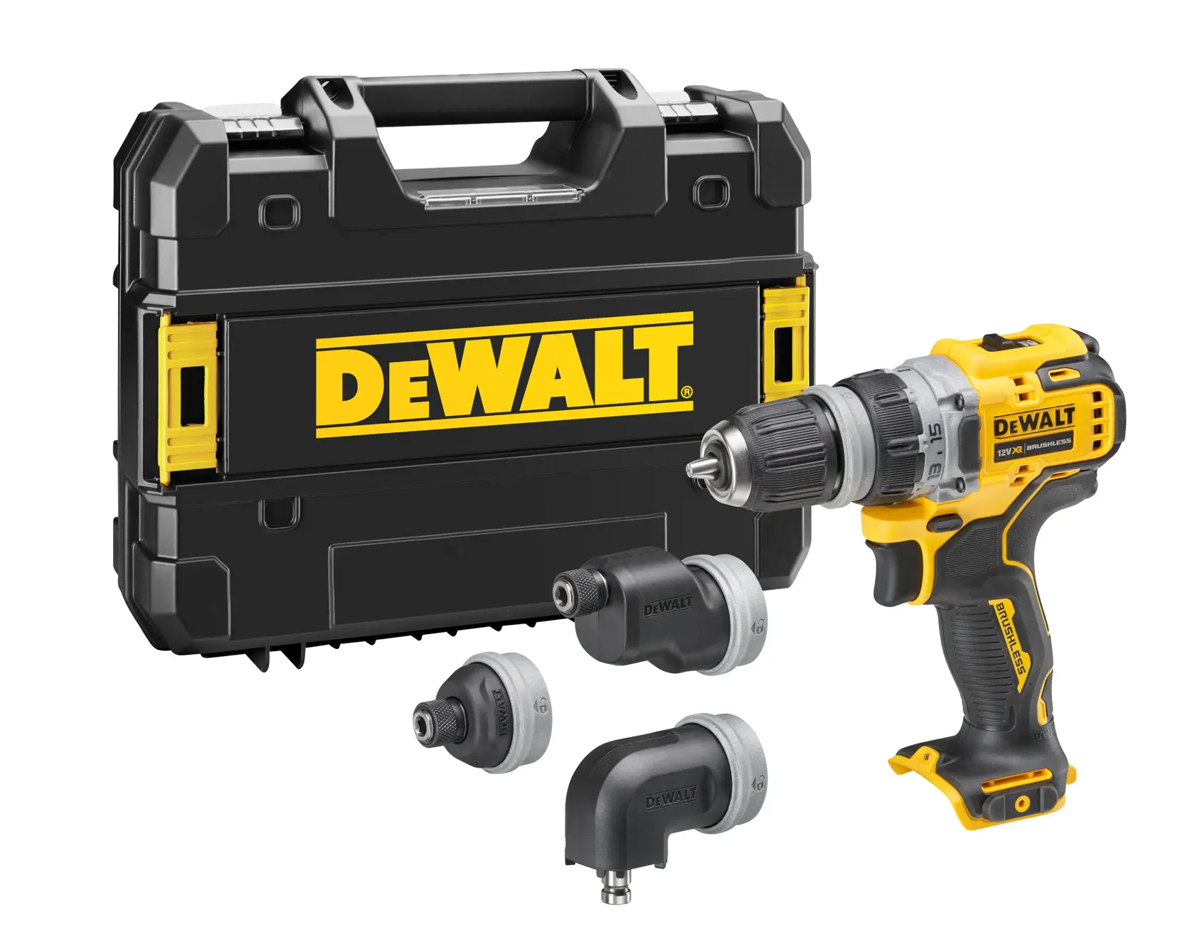 A DEWALT cordless drill set including a yellow and black power drill, three interchangeable drill heads, and a black carrying case with the DEWALT logo.