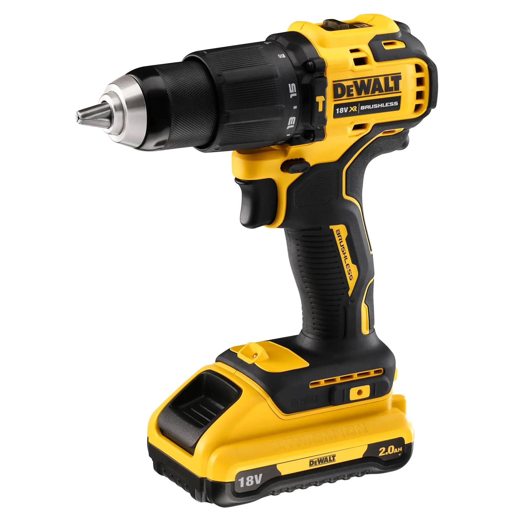 Yellow DEWALT 18V cordless drill with brushless motor and lithium-ion battery, shown standing upright.