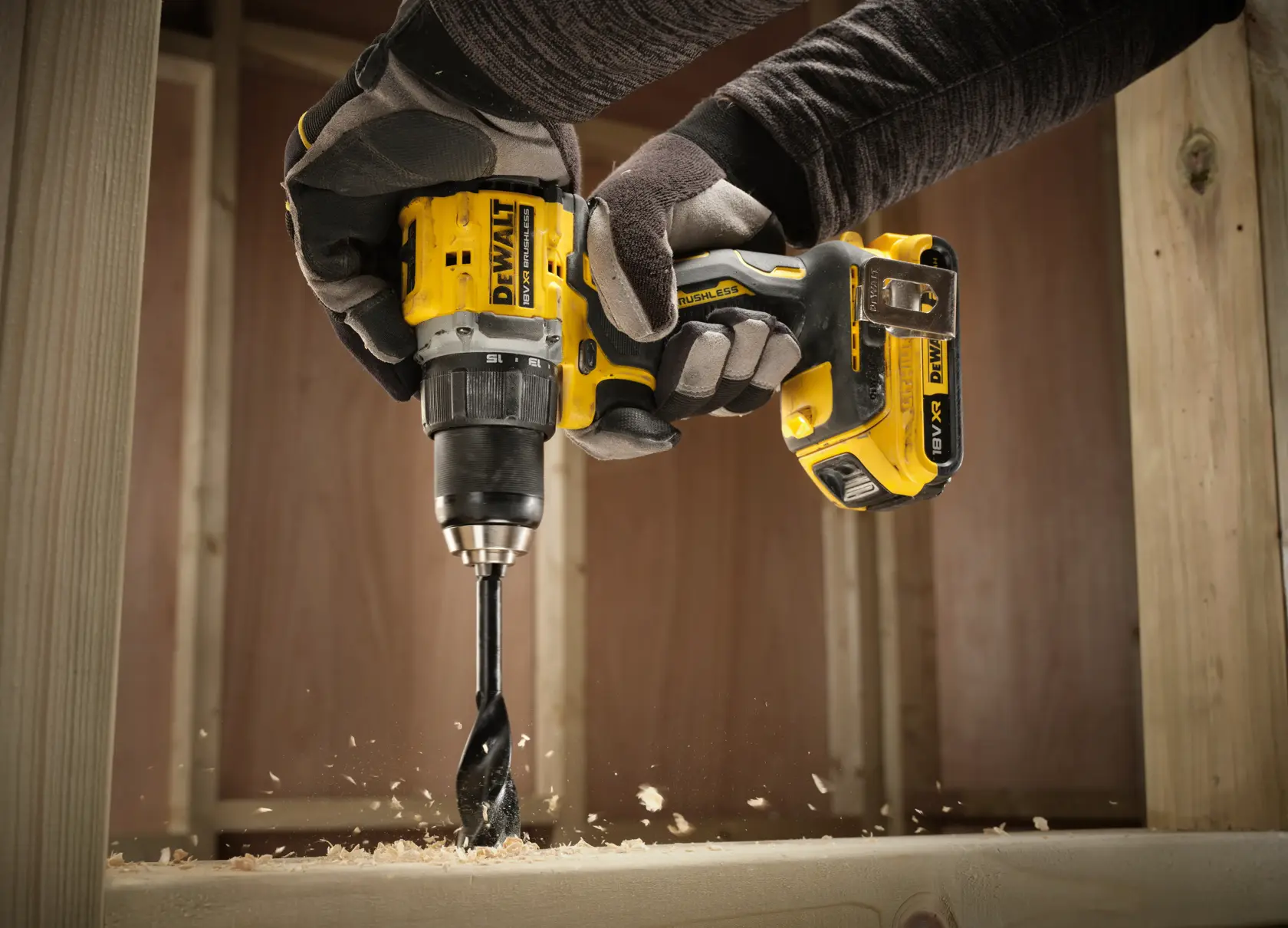 DEWALT drill in use for woodwork. SKUs DCD794D2T-QW, DCD794D2T visible. Photography product.