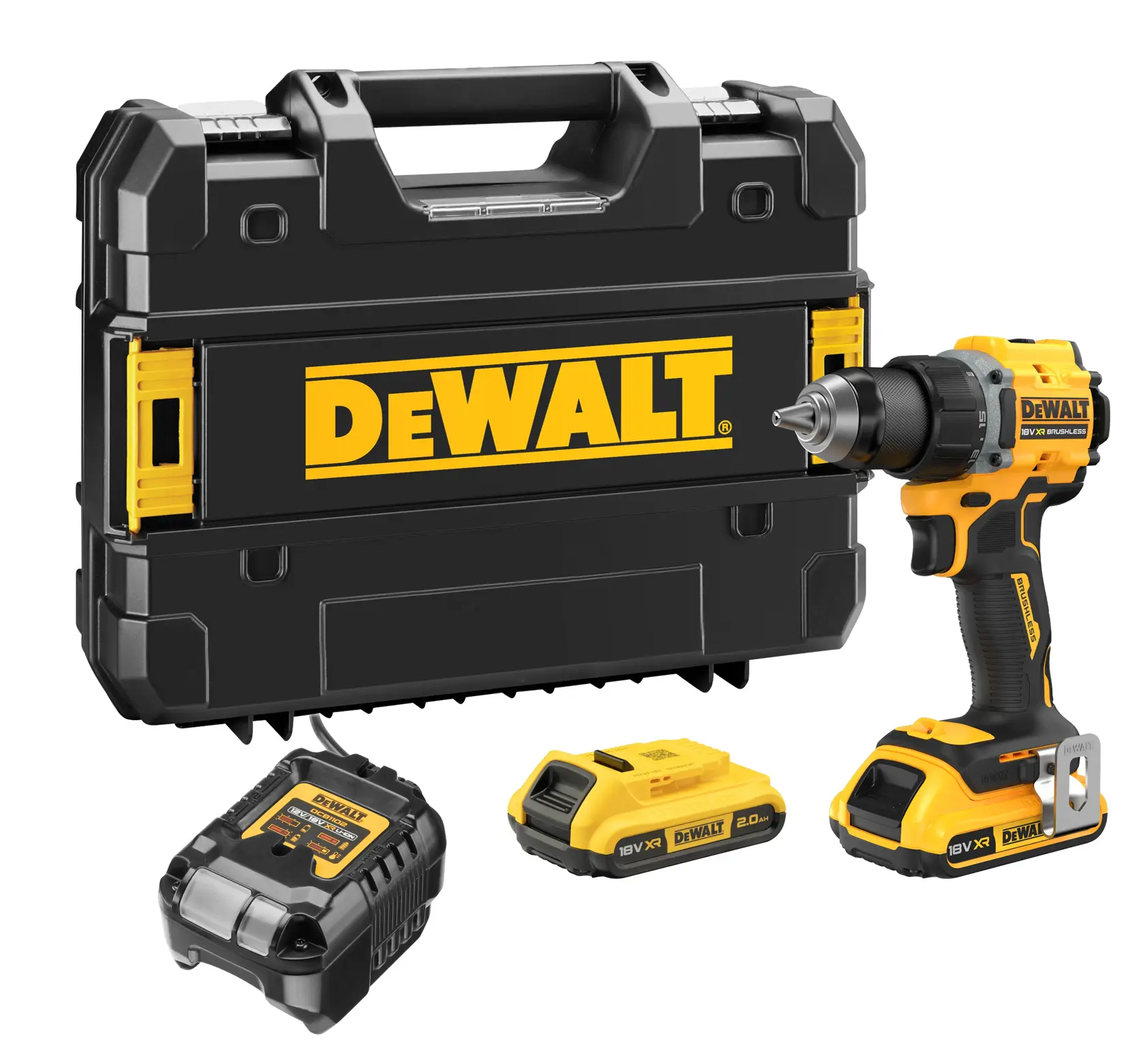 DEWALT DCD794D2T-QW, DCD794D2T drill set with case, charger, and battery, product category: Photography.