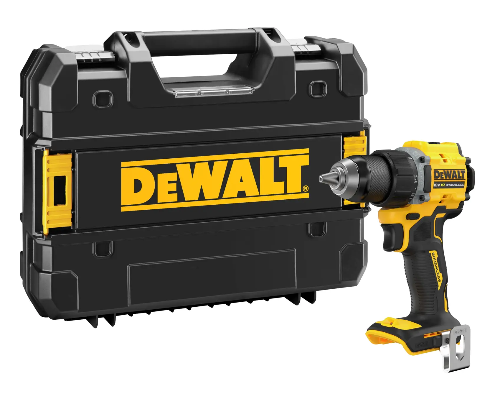 DEWALT drill DCD794NT, DCD794NT-XJ with black case, yellow branding. Photography category.