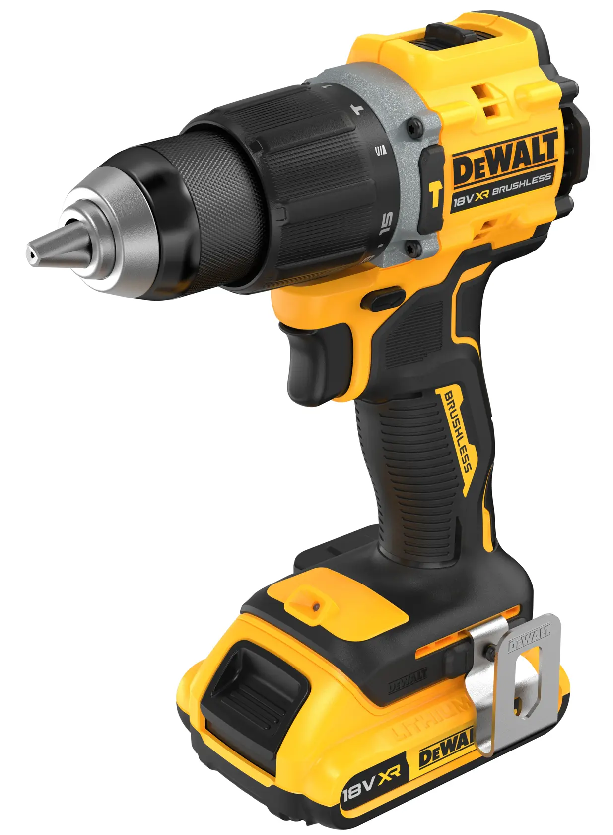 DEWALT 18V XR brushless cordless drill with black and yellow design and ergonomic grip.