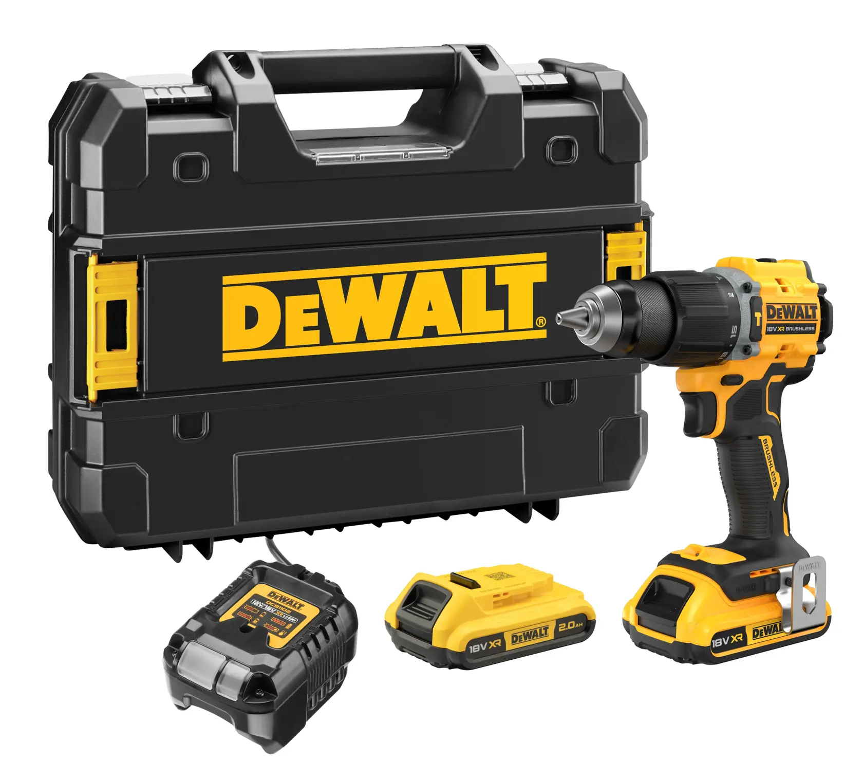 DEWALT drill kit with black case, 18V battery, charger, and cordless drill.