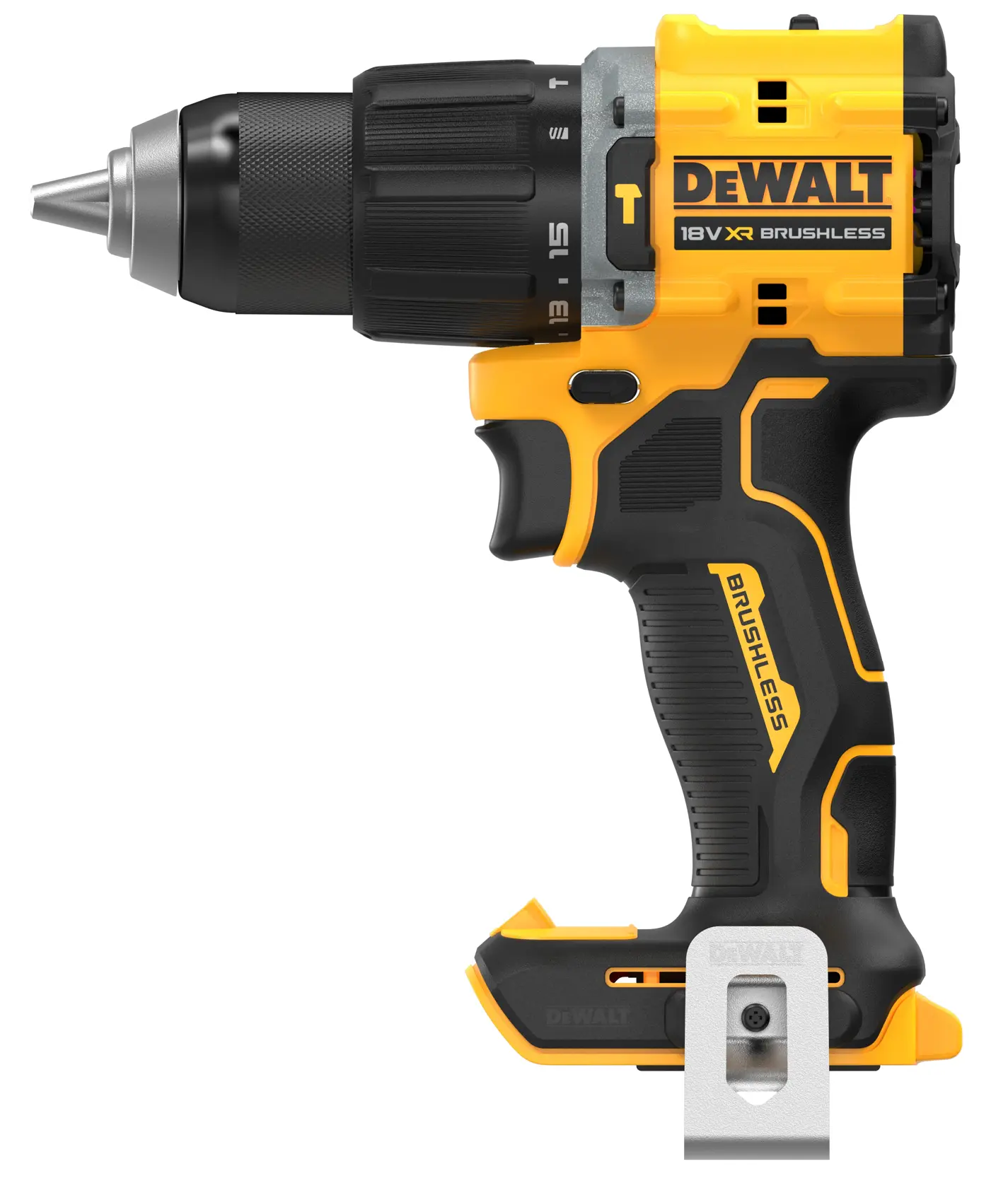 DEWALT 18V XR brushless cordless drill, yellow and black, side view, without battery.