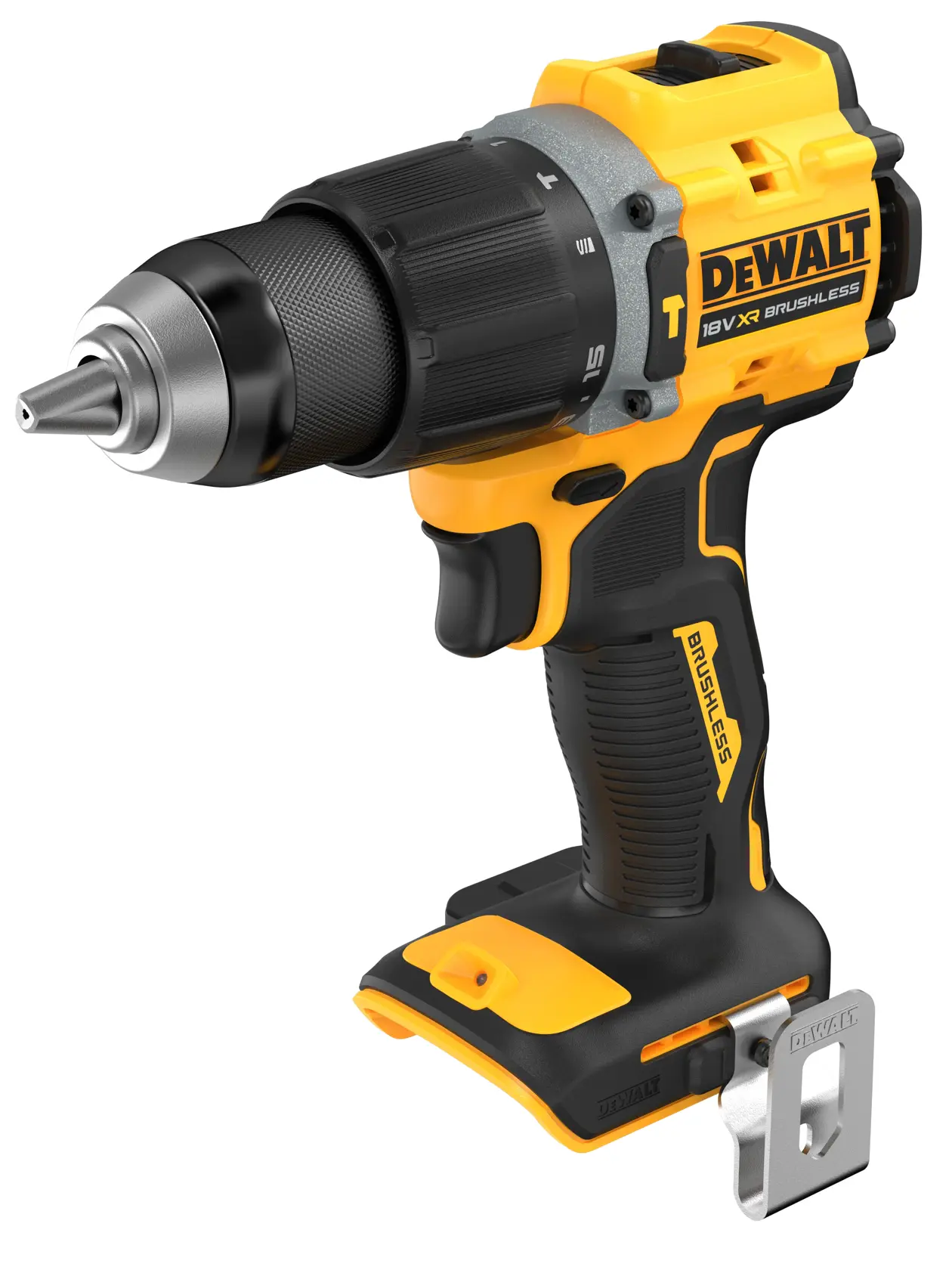 DEWALT cordless drill driver, brushless, 18V XR, yellow and black, shown without battery.