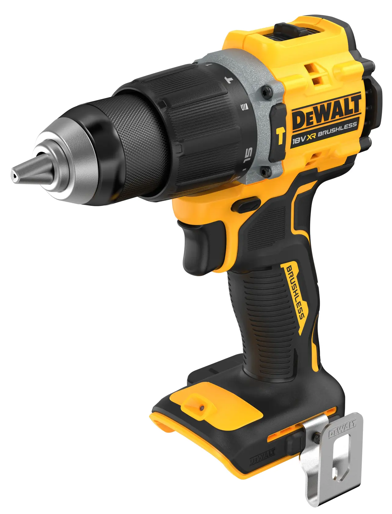 DEWALT DCD799N cordless drill, yellow and black, brushless, 18V, shown without battery.