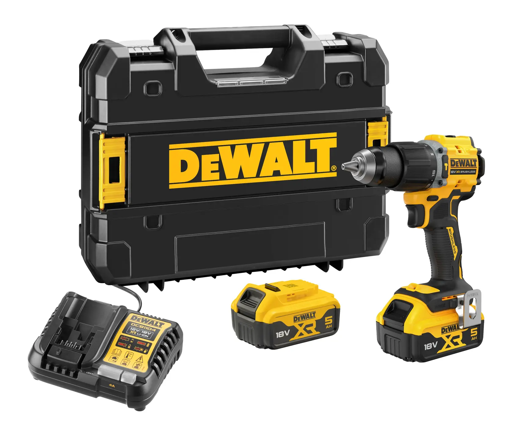 DEWALT drill kit with case, two 18V batteries, charger, and cordless drill in yellow and black.