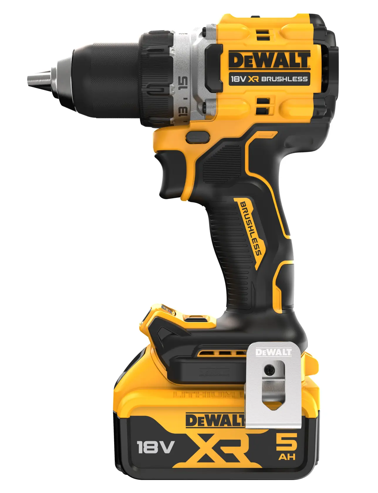 Perceuse sans fil DEWALT 18V XR brushless avec batterie 5Ah, jaune et noire, vue latérale.