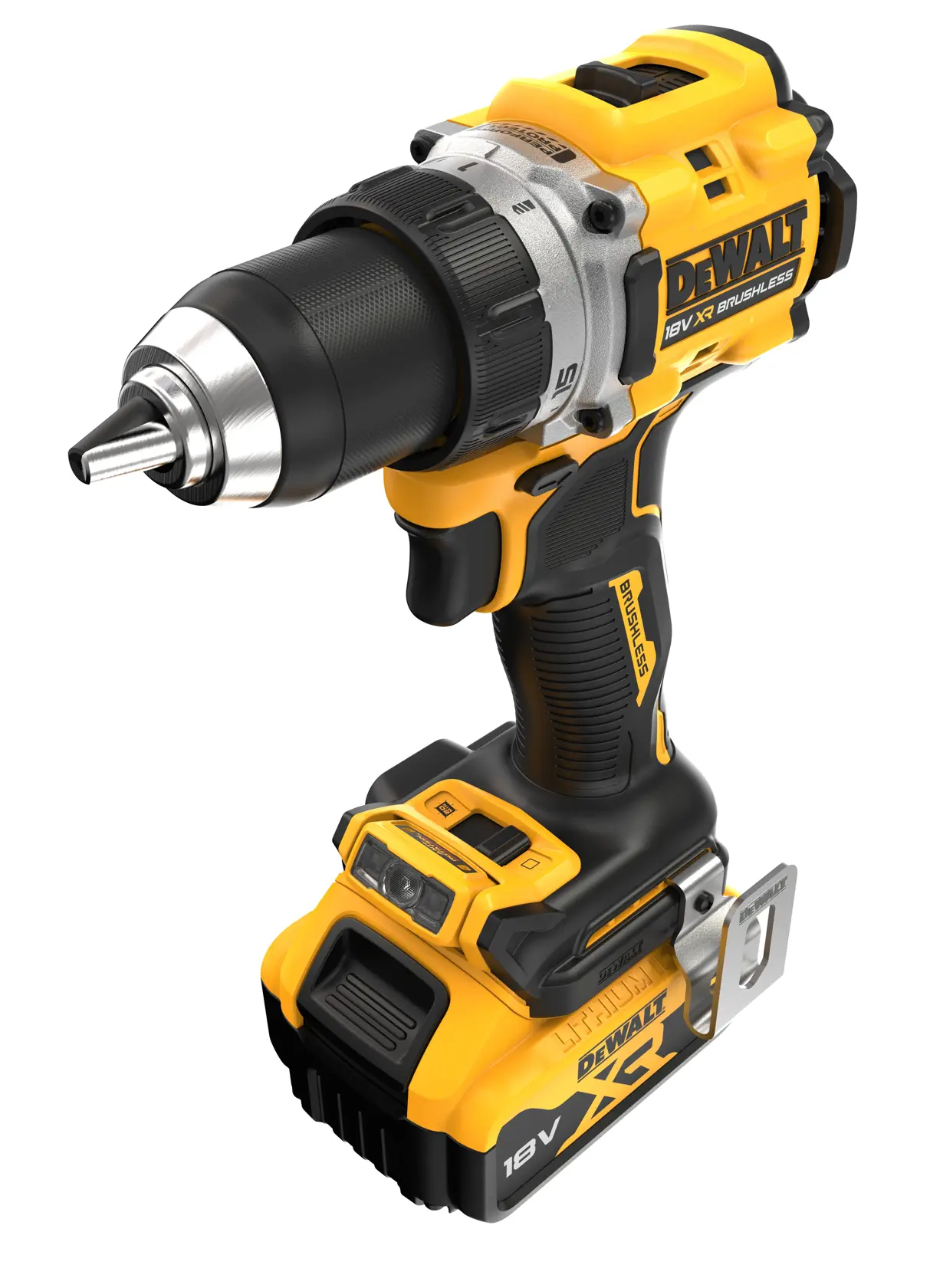 Perceuse-visseuse DEWALT 18V jaune et noire, moteur brushless et poignée ergonomique.