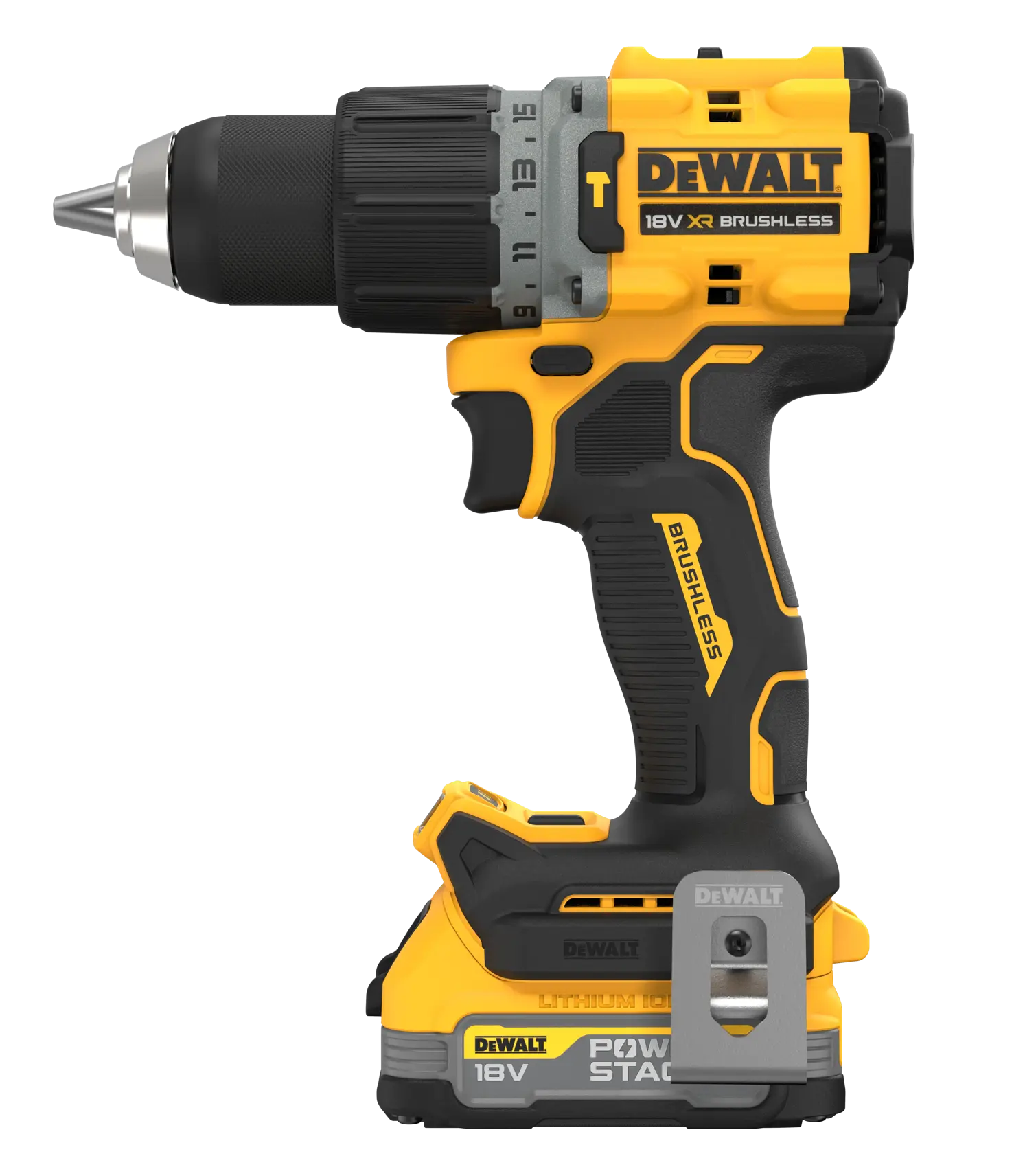 DEWALT DCD805E1T 18V cordless brushless drill driver with POWERSTACK lithium battery, shown in side view.