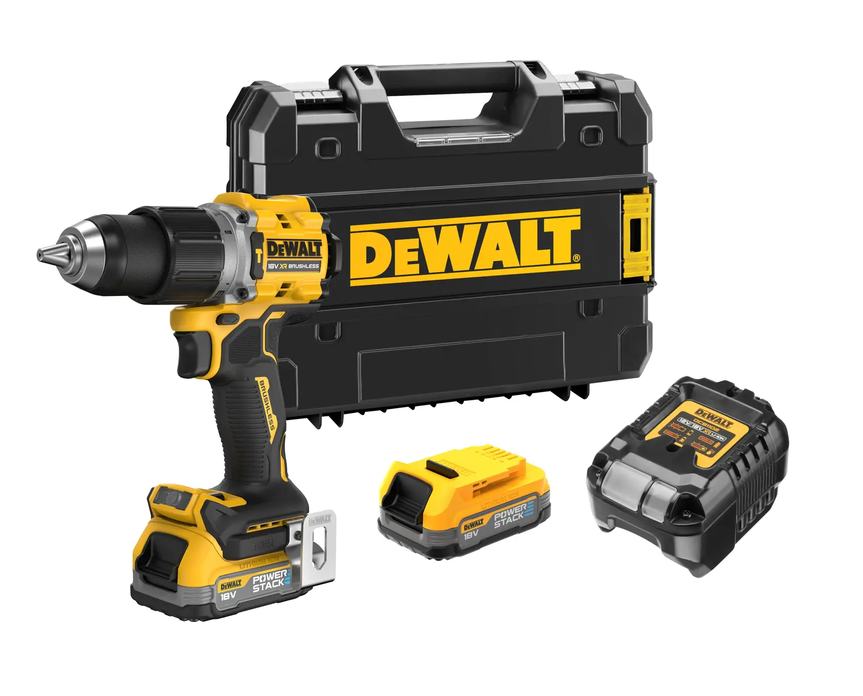 DEWALT cordless drill kit with battery, charger, and sturdy carrying case, all in yellow and black.