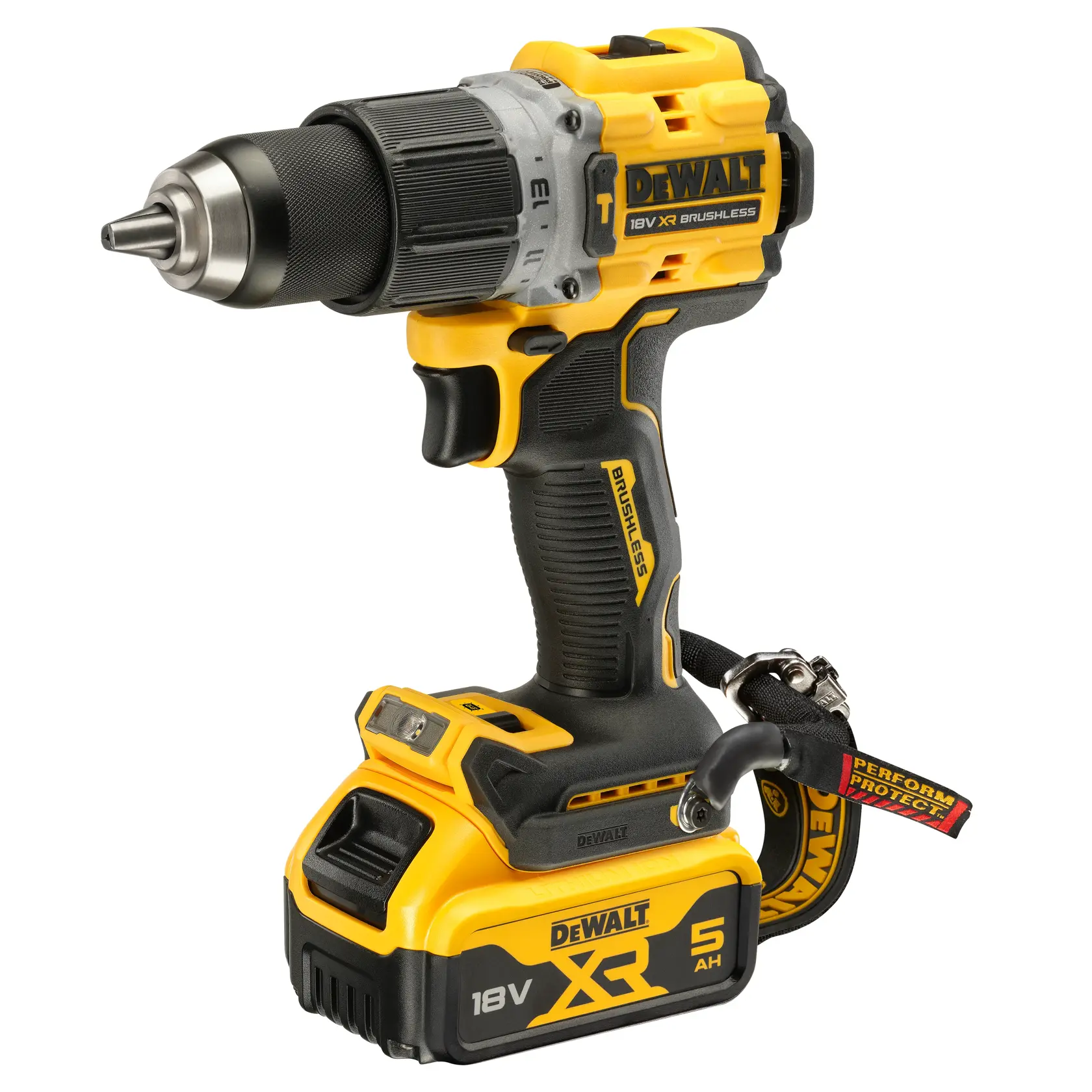 Perceuse sans fil DEWALT jaune et noire, 18V XR Brushless, avec batterie 5Ah.