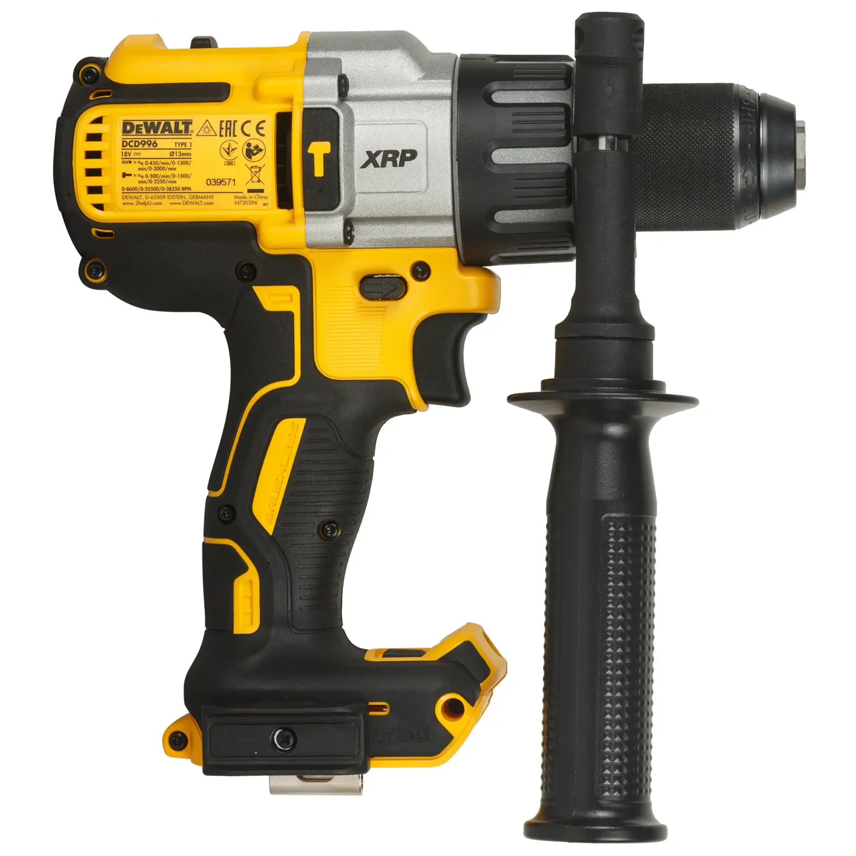 Taladro inalámbrico DEWALT DCD996NT con mango lateral, amarillo y negro, para trabajo intenso.