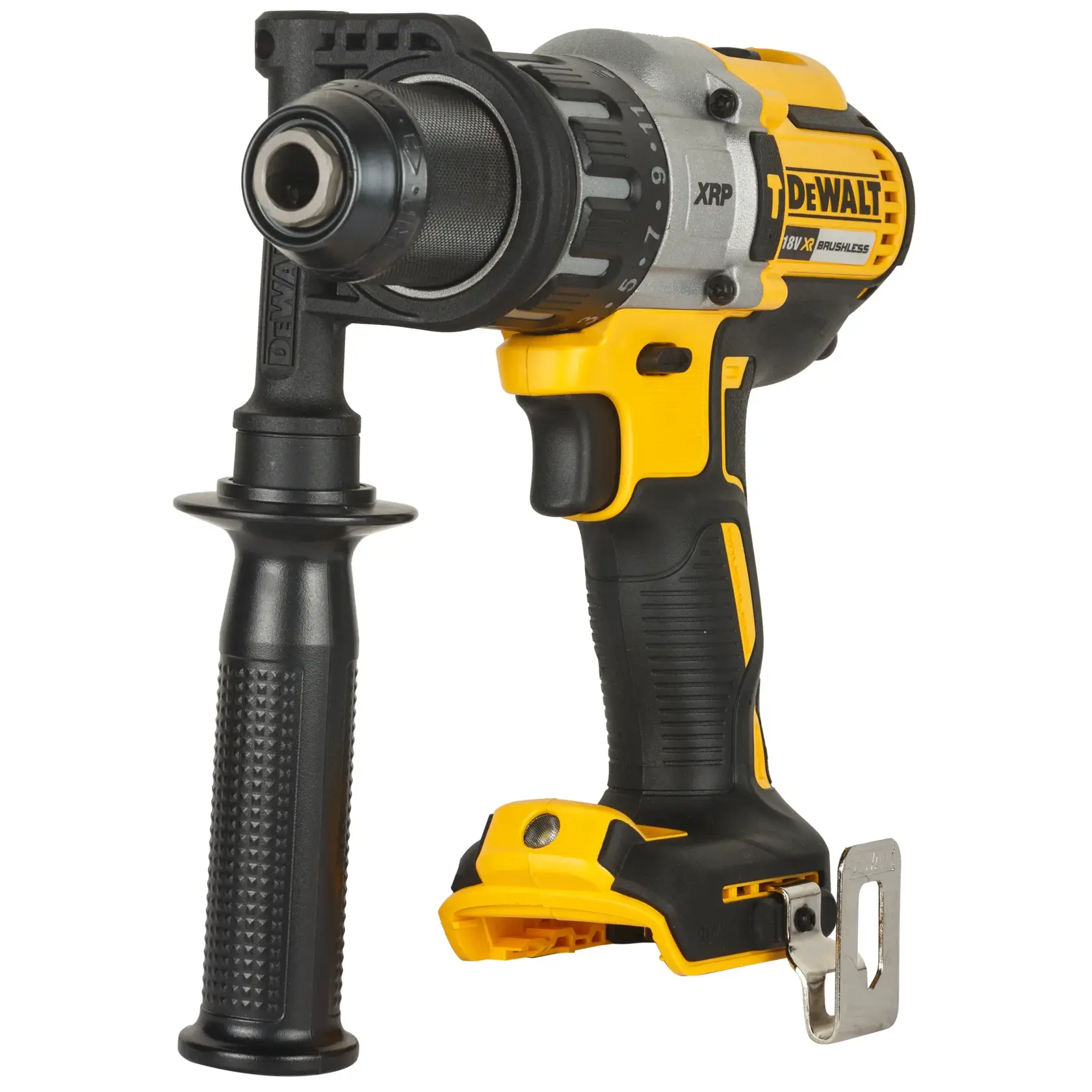 Taladro atornillador DEWALT inalámbrico con mango lateral, cuerpo amarillo-negro, modelo 18V XR brushless.