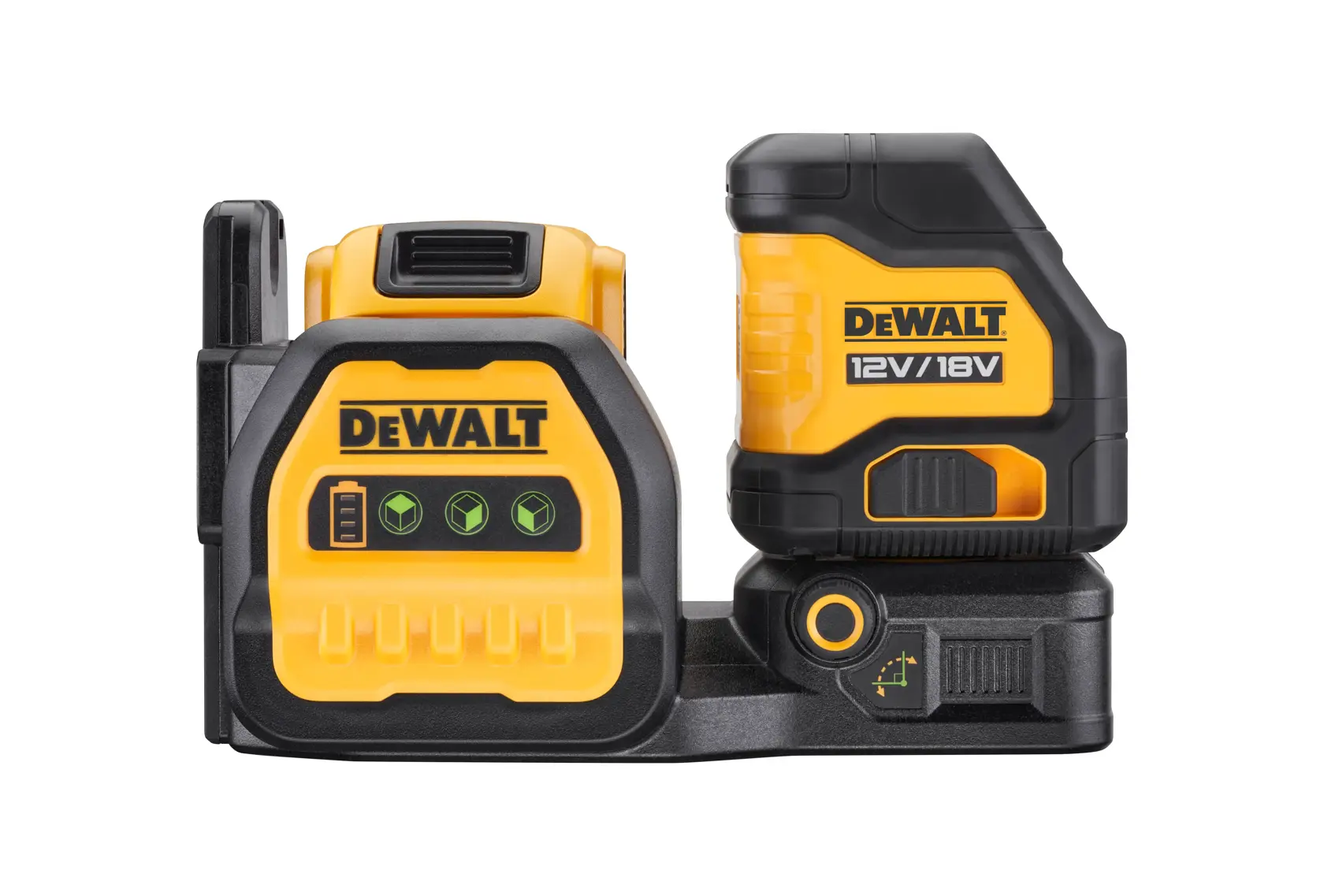 DEWALT DCE088D1G18-QW, DCE088D1G18 photography tool in yellow and black, shown from front.