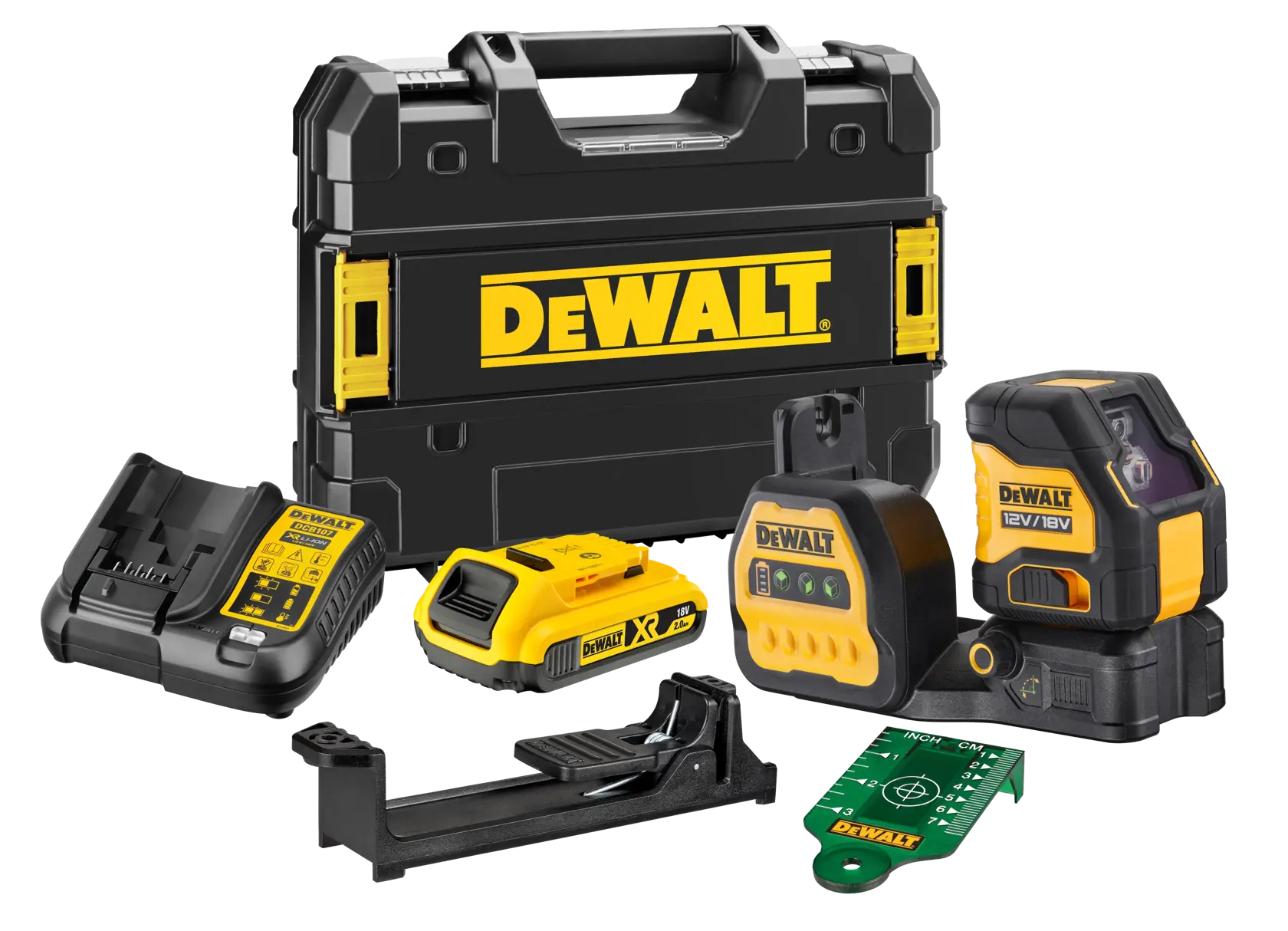 DEWALT laser level kit with battery, charger, case and accessories in black and yellow.