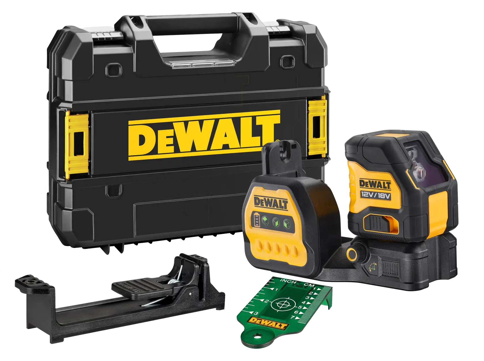 DEWALT laser level kit with hard case, bracket, target plate, and laser device, shown on a white background.