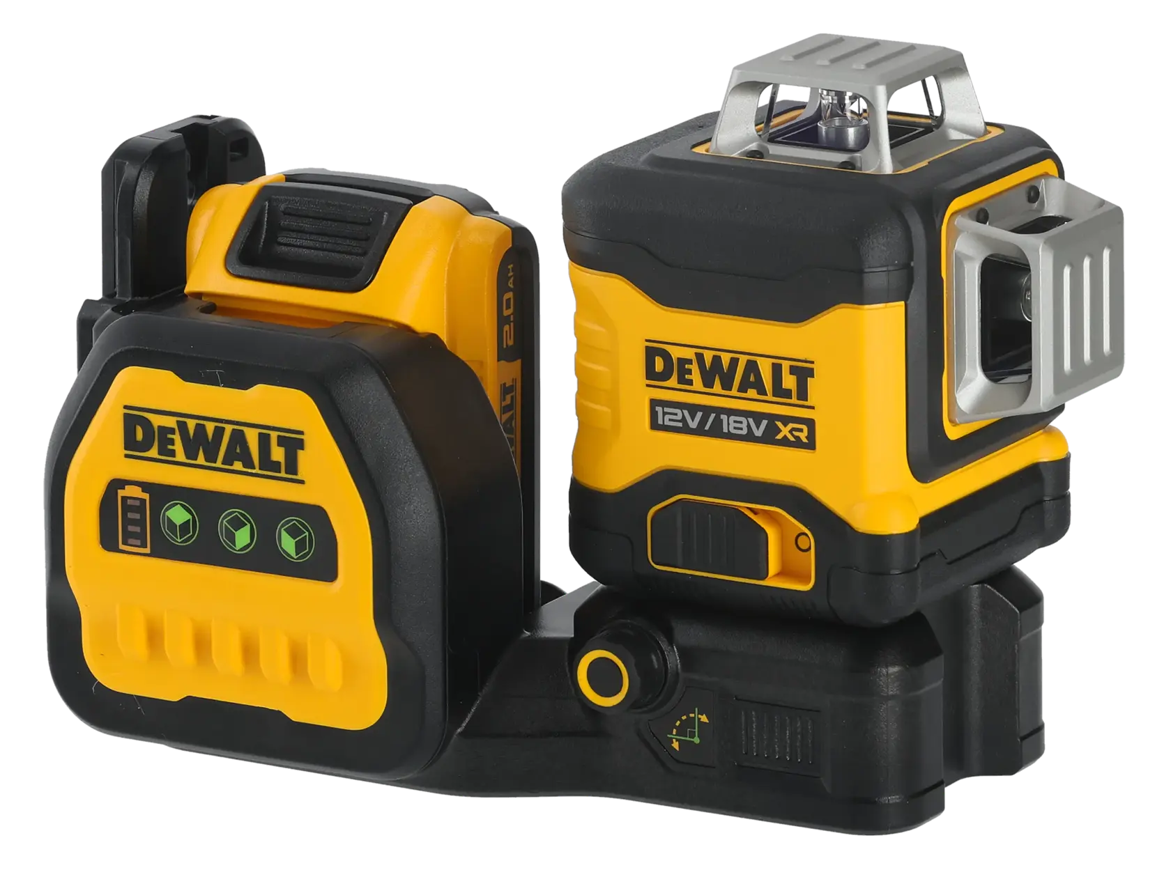 DEWALT yellow and black 12V/18V XR laser level tool with battery, for precise measurement and alignment.