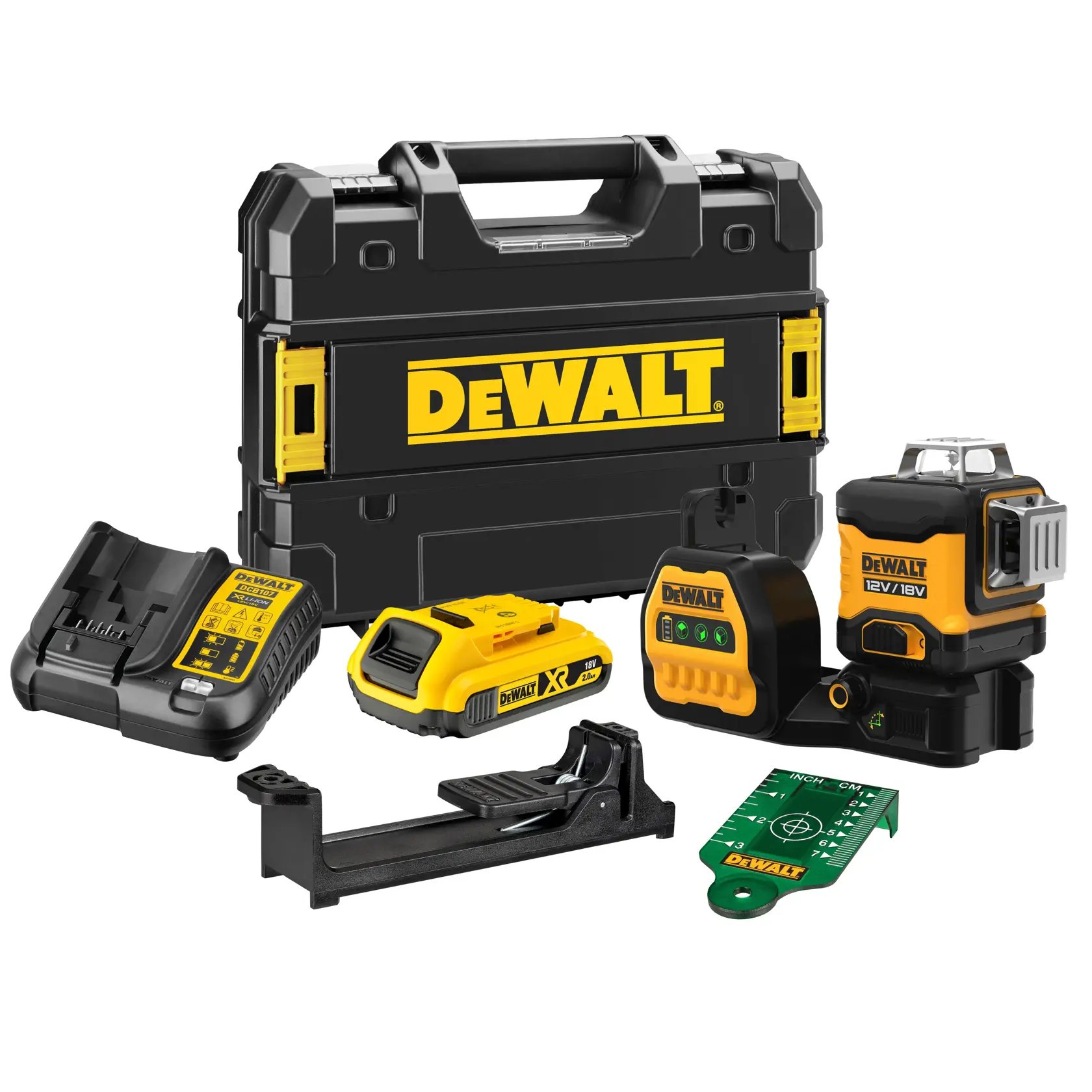 A DEWALT laser level kit including a black and yellow carry case, a battery charger, rechargeable battery, mounting bracket, green laser level, and a green target plate.
