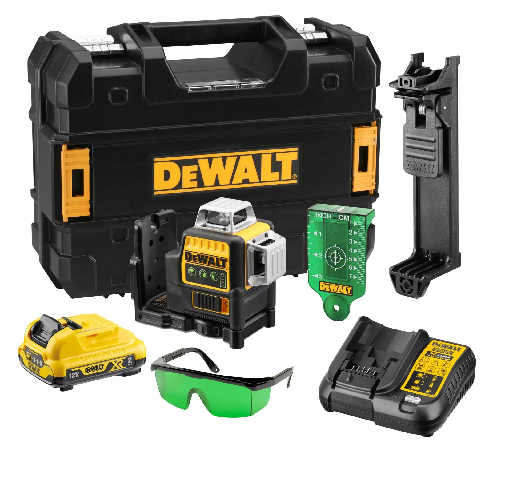DEWALT 12V green cross line laser kit, including carrying case, battery pack, laser device, charger, mounting bracket, green target plate, and green safety glasses.