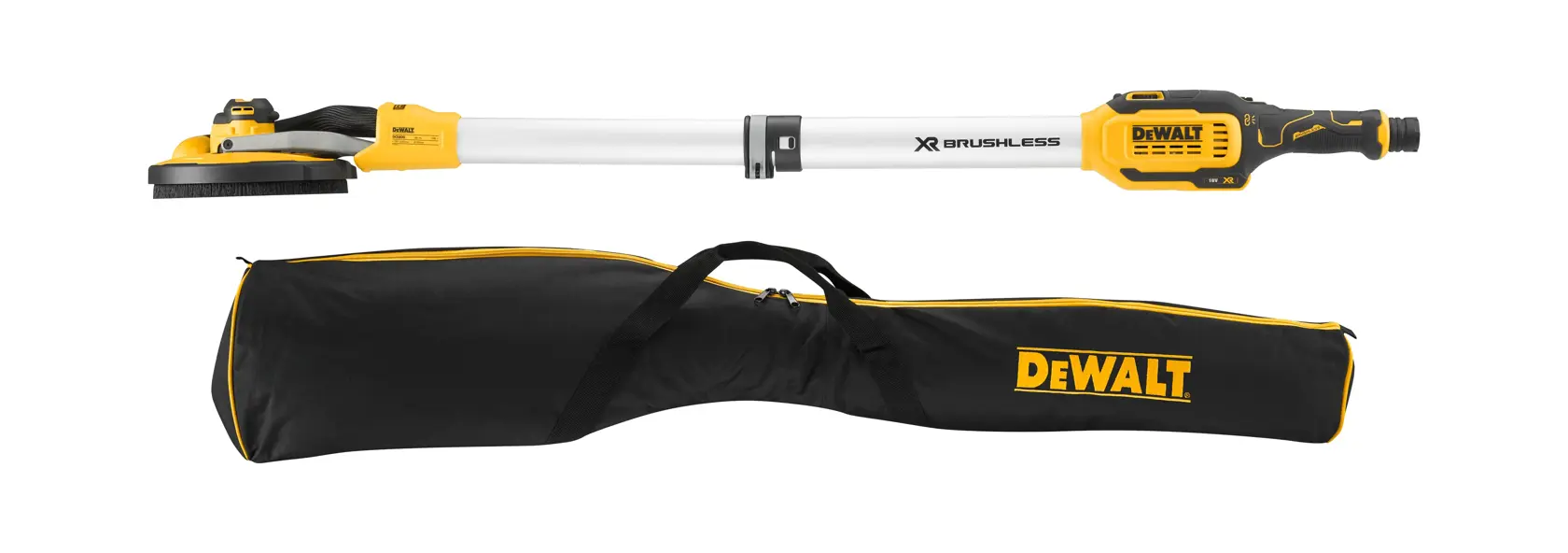DEWALT cordless drywall sander with brushless motor, shown with a black carrying bag.