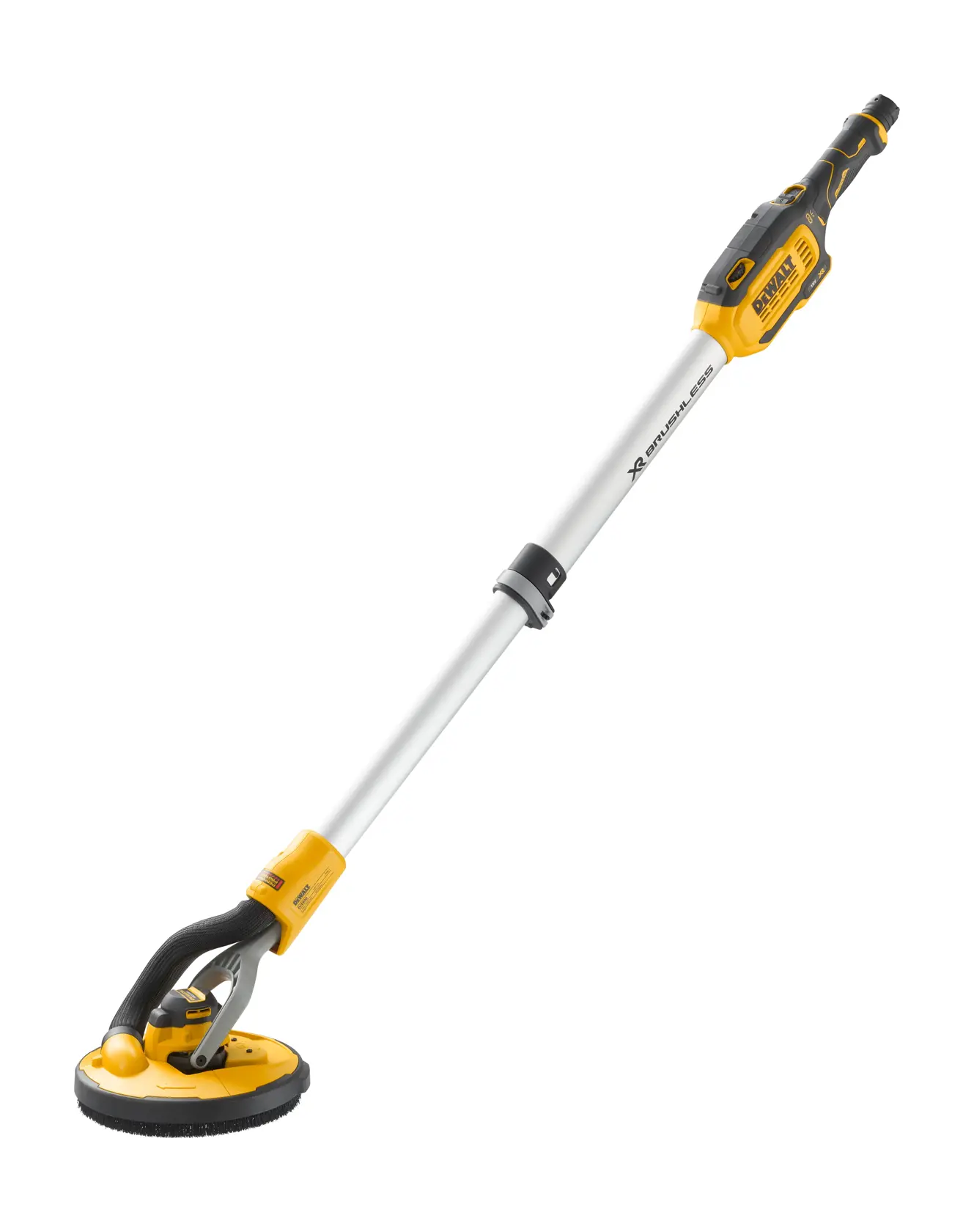 DEWALT cordless drywall sander with long handle and circular sanding head, shown on white background.