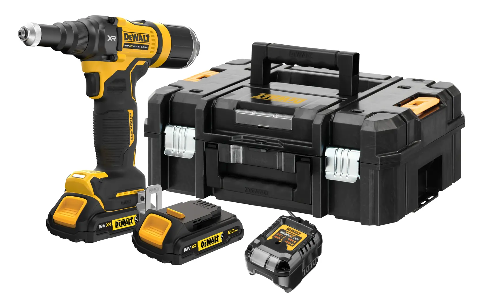 DEWALT cordless tool kit with screw gun, two batteries, charger, and sturdy black carrying case.